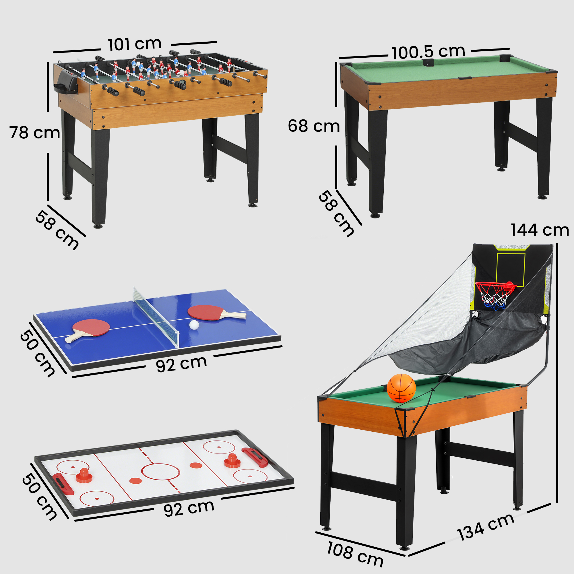 Conjunto de mesa multijuegos con dimensiones y configuraciones para futbolín, billar, tenis de mesa, hockey y baloncesto.