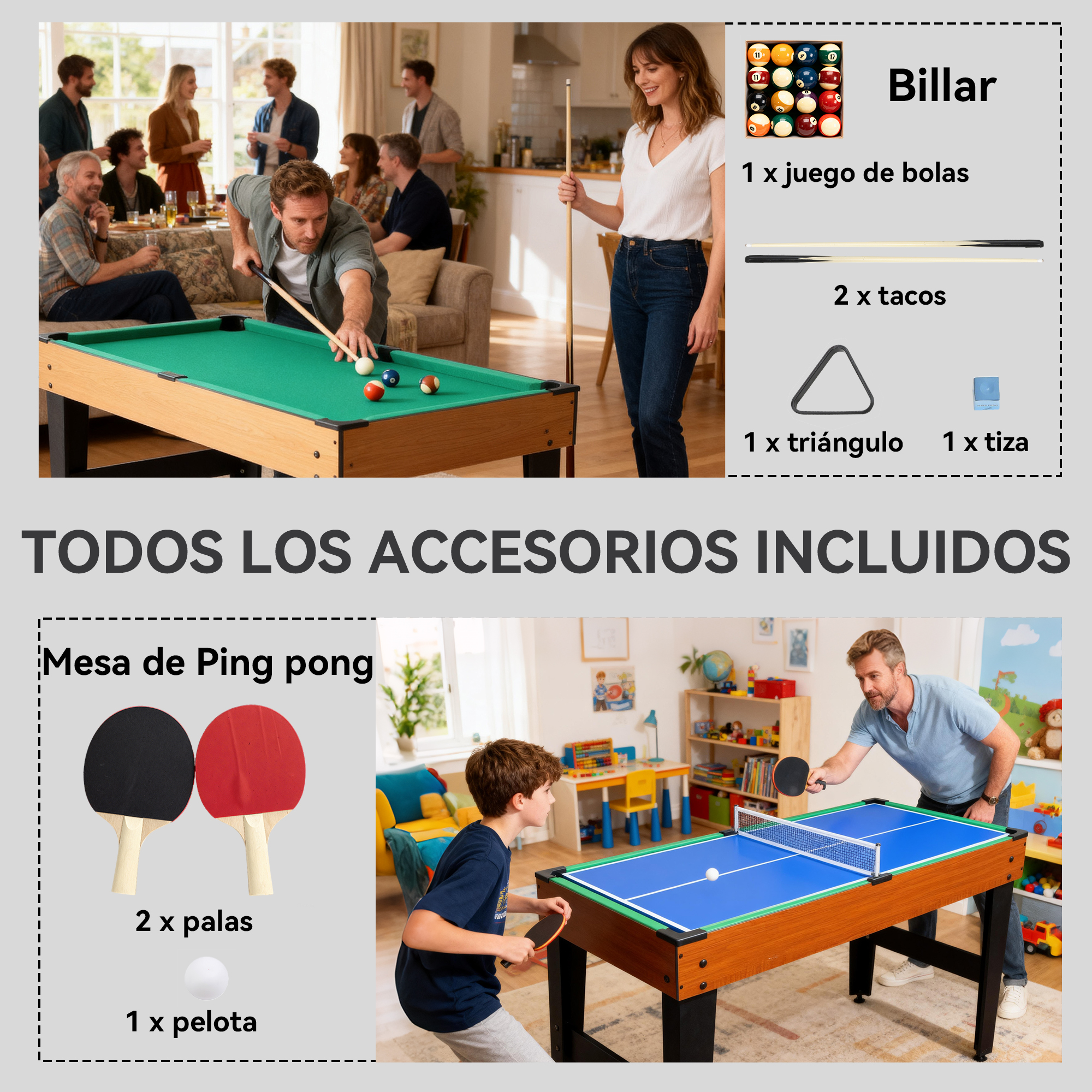Una mesa multi-juegos con billar y ping-pong, incluye accesorios como bolas, tacos, palas y red.