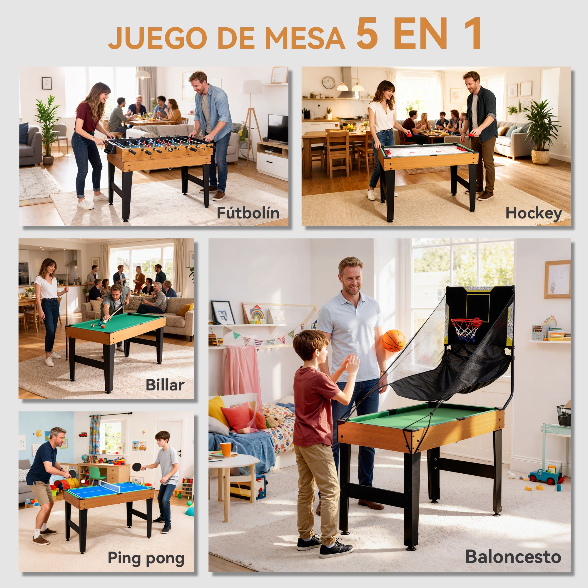 Una mesa de juegos 5 en 1 con futbolín, hockey, billar, ping pong y baloncesto.