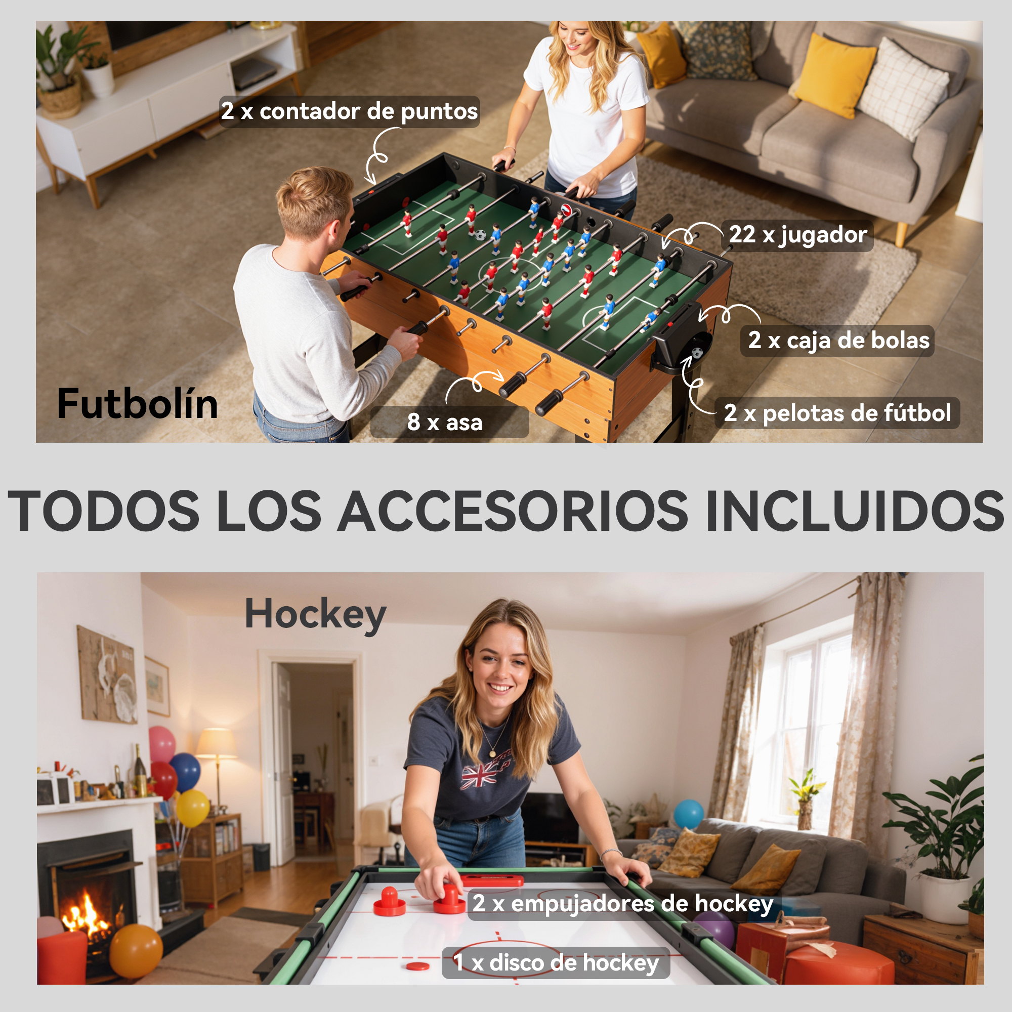 Dos personas jugando al futbolín y hockey en el salón, con texto en español señalando accesorios.