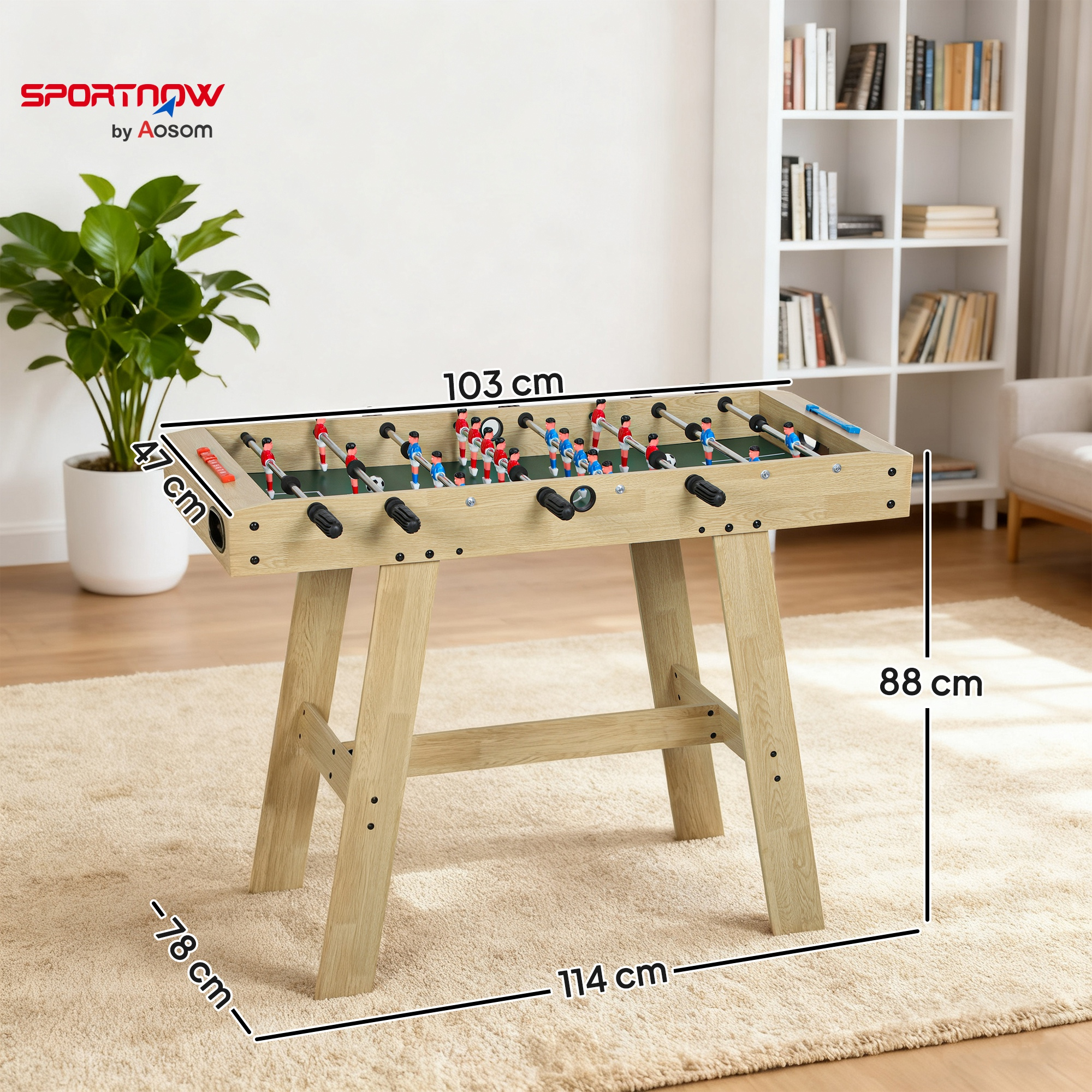 Un futbolín de madera sobre una alfombra con dimensiones: 103 cm de largo, 47 cm de ancho, 88 cm de alto, 78 cm de profundidad.