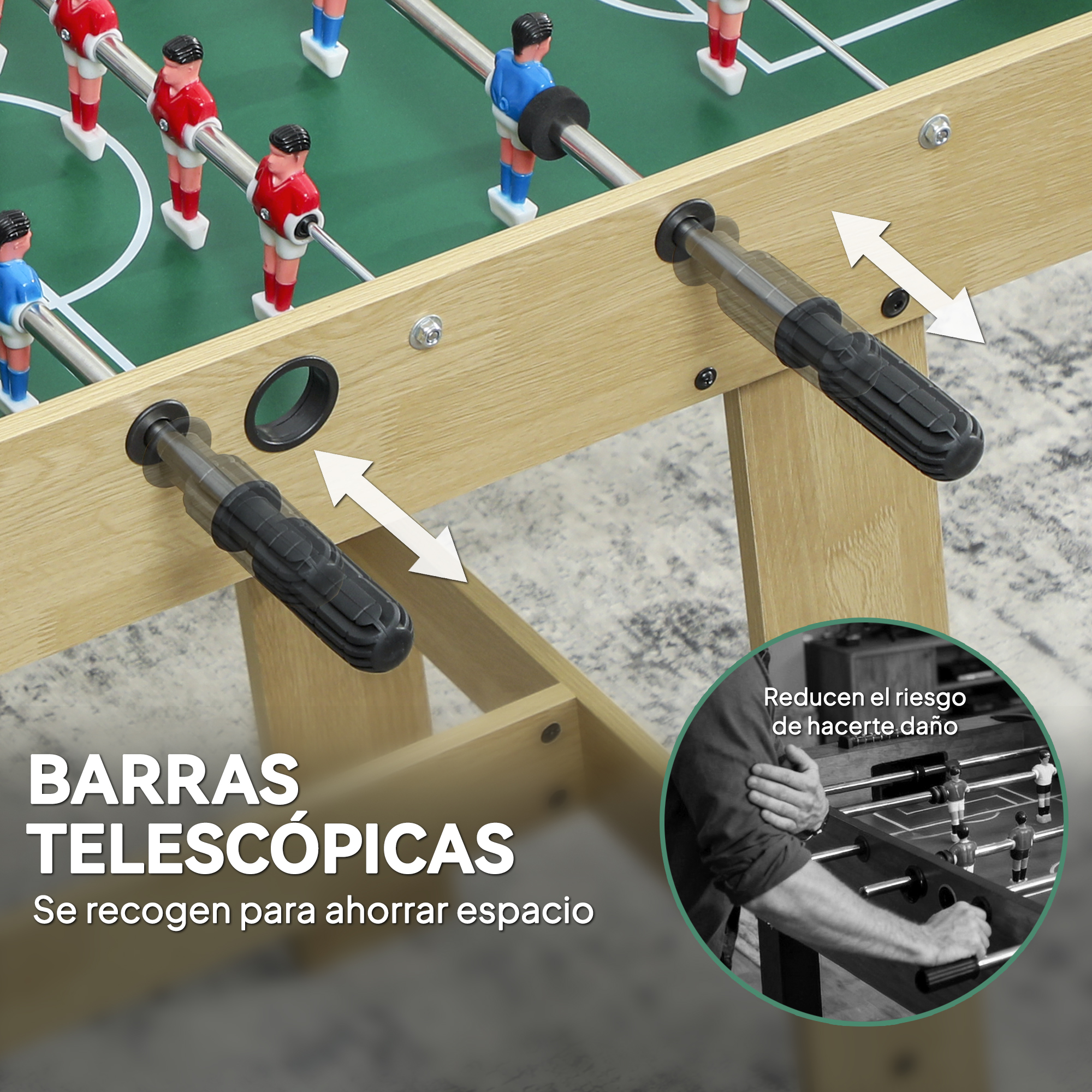 Primer plano de un futbolín con barras telescópicas que se recogen para ahorrar espacio y reducir daños.