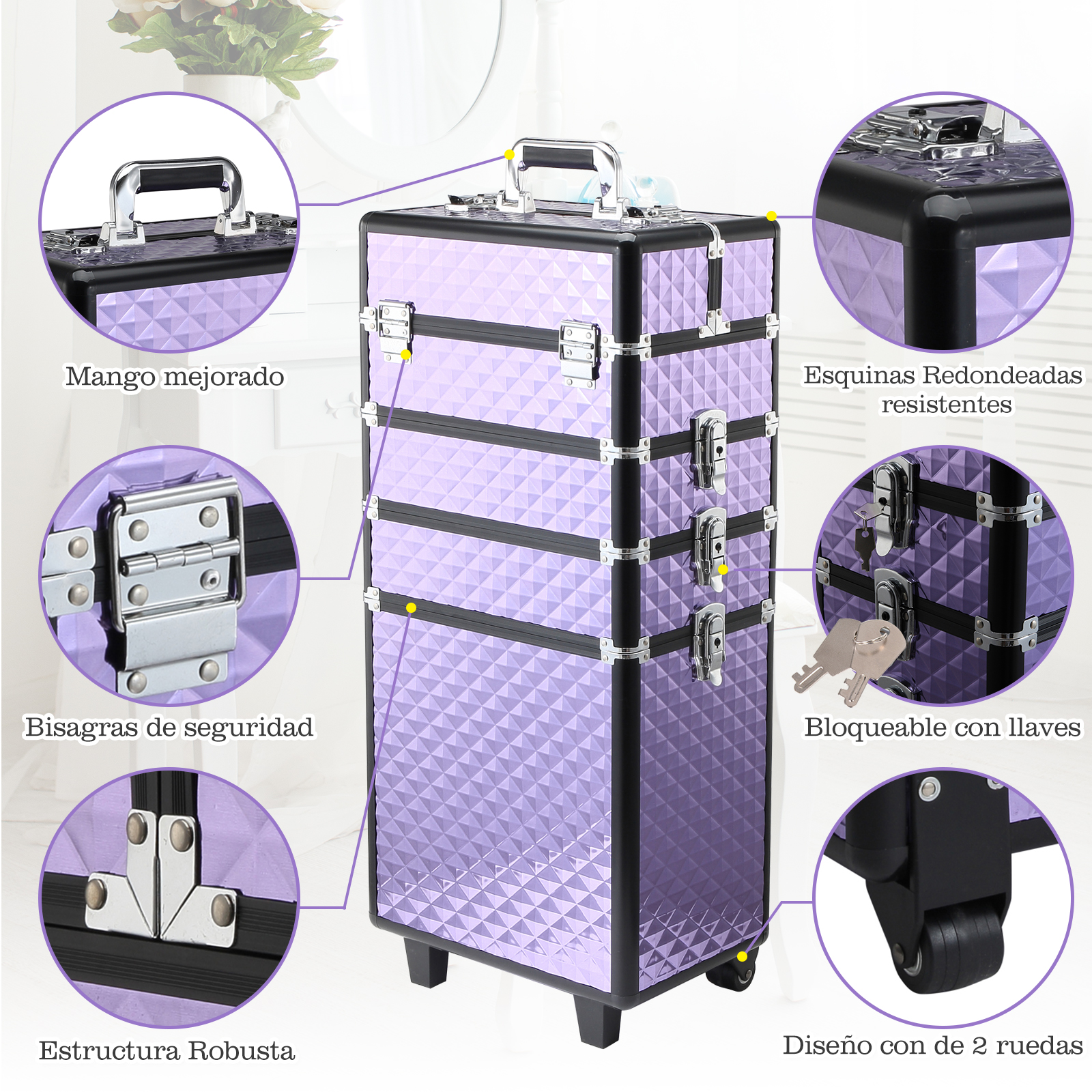 Maletín de maquillaje morado con ruedas y detalles plateados, mostrando pestillos, esquinas y cerraduras.