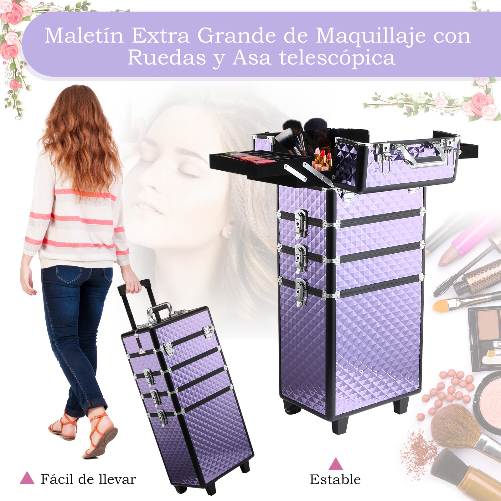 Mujer tirando de un maletín de maquillaje morado con ruedas, junto a uno abierto.