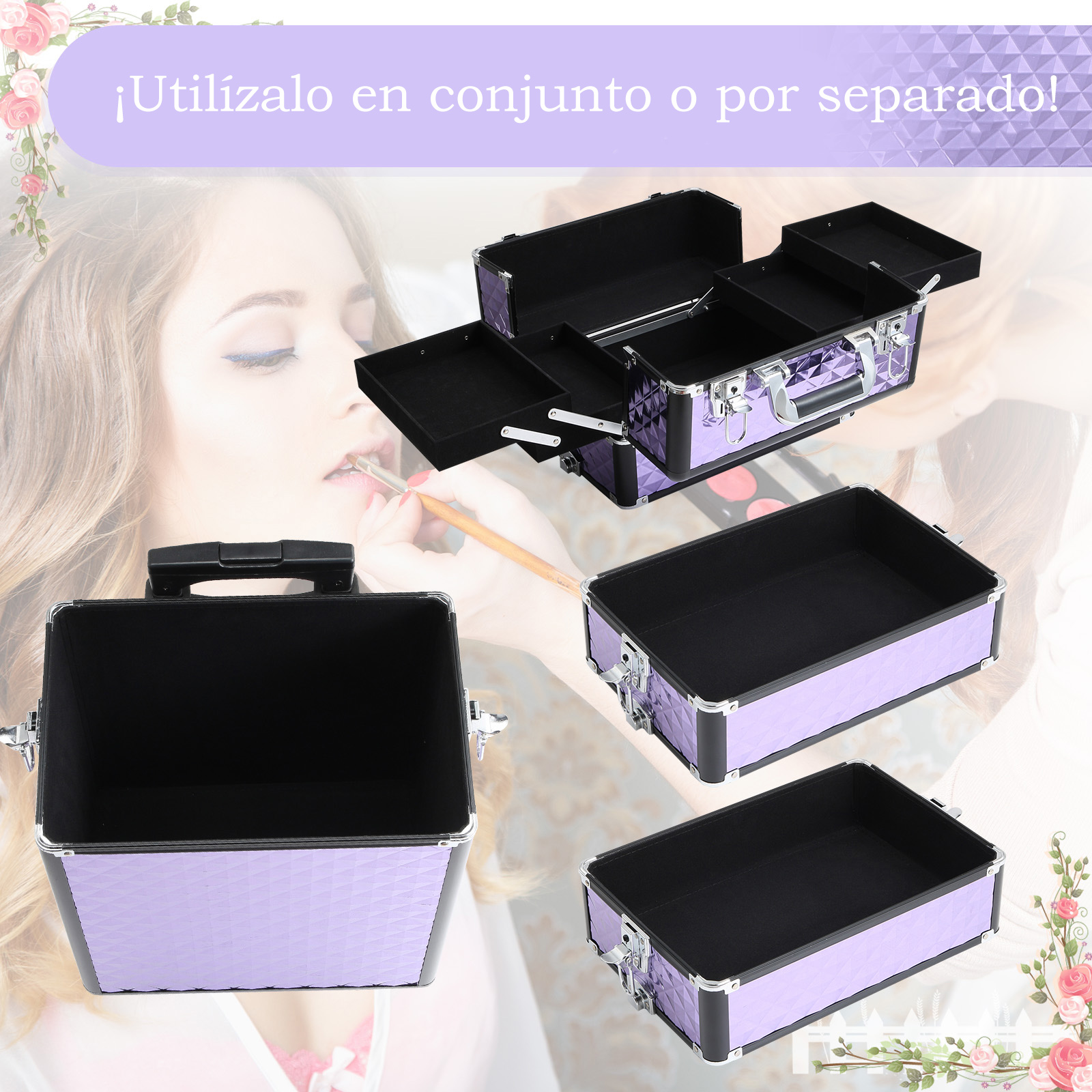 Juego de maletines de maquillaje morados modulares con múltiples niveles e interior negro sobre fondo suave.