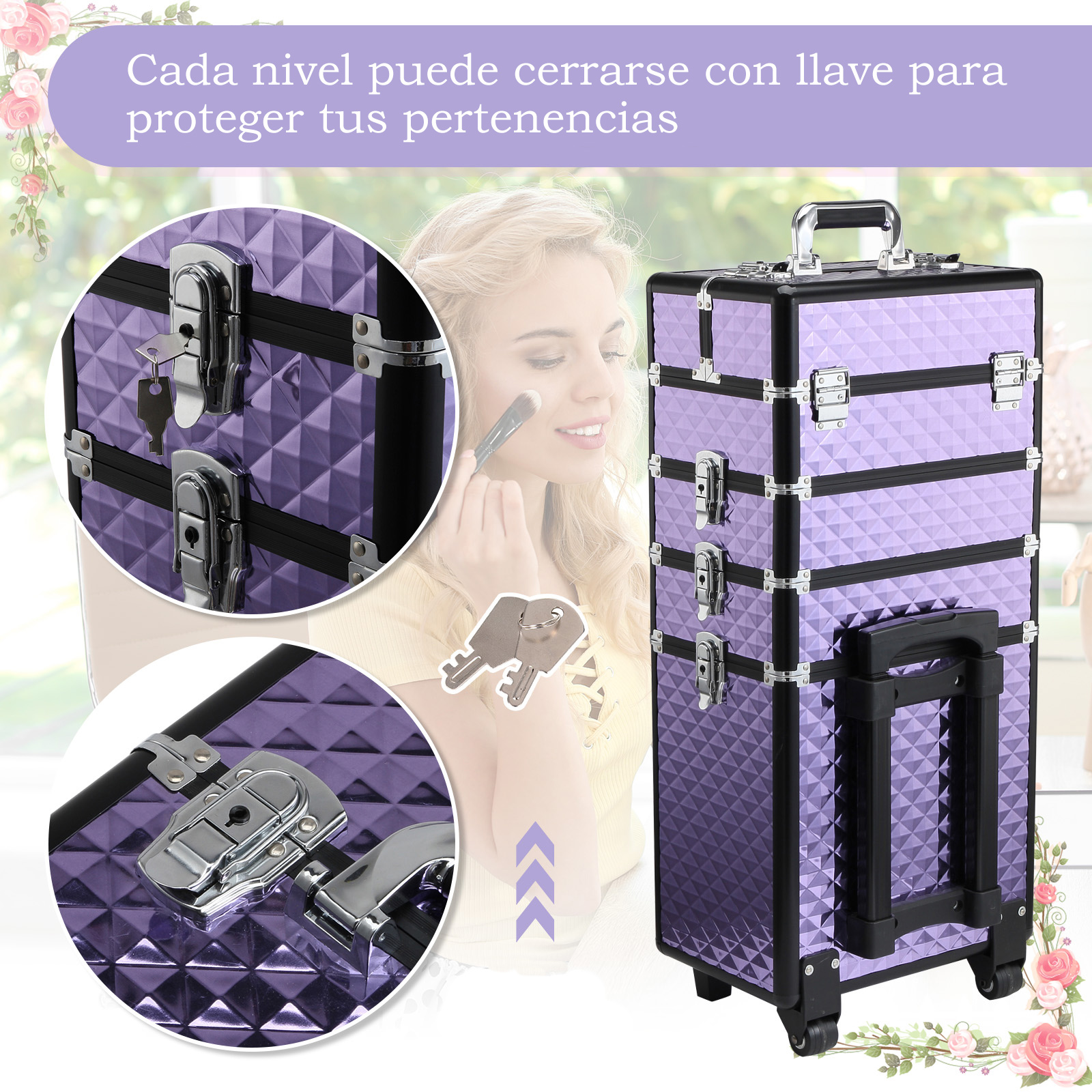 Un maletín de maquillaje morado con varios niveles con cerradura y ruedas, con una mujer al fondo.