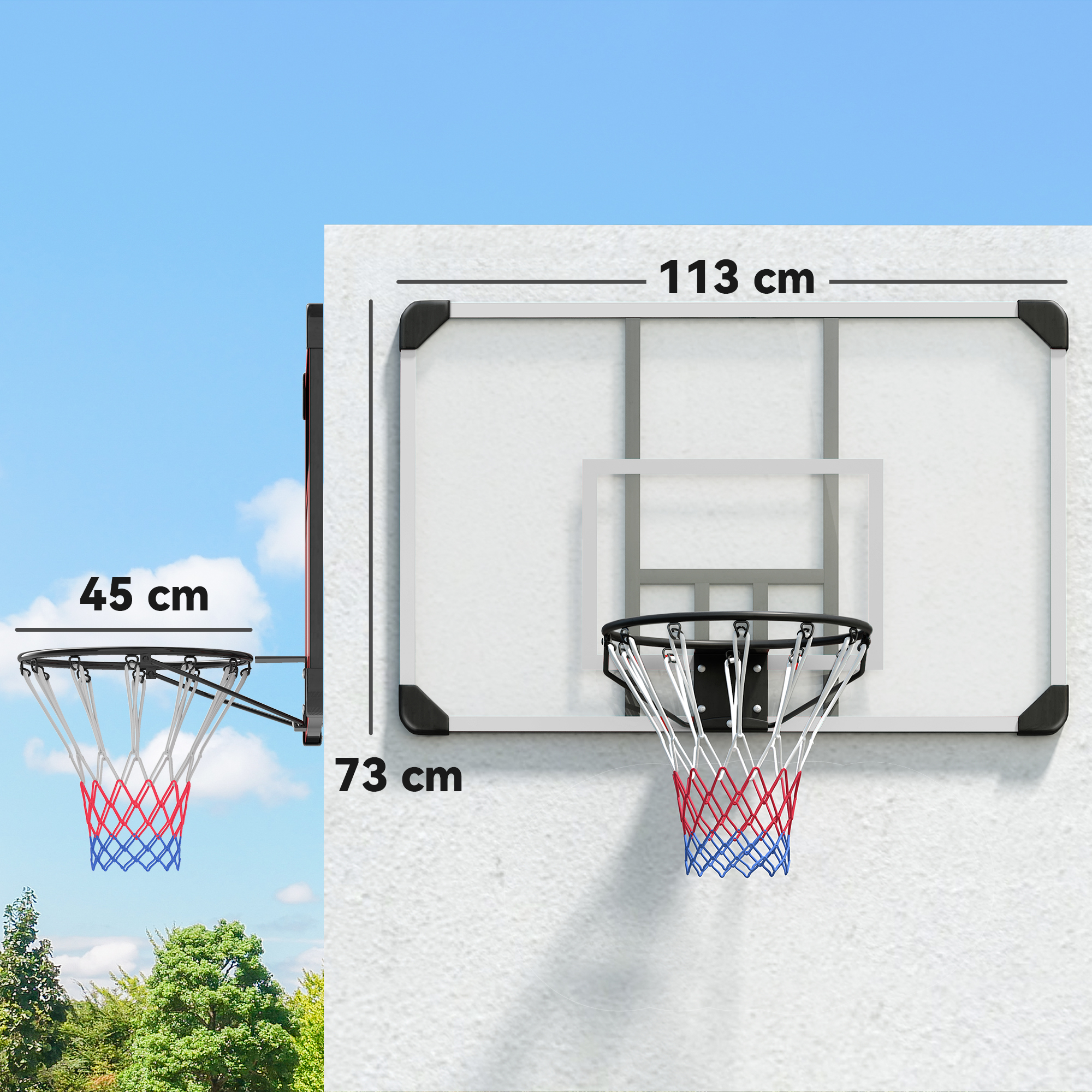 Canasta de baloncesto de pared con tablero transparente, 113x73cm, con dimensiones en una pared blanca.