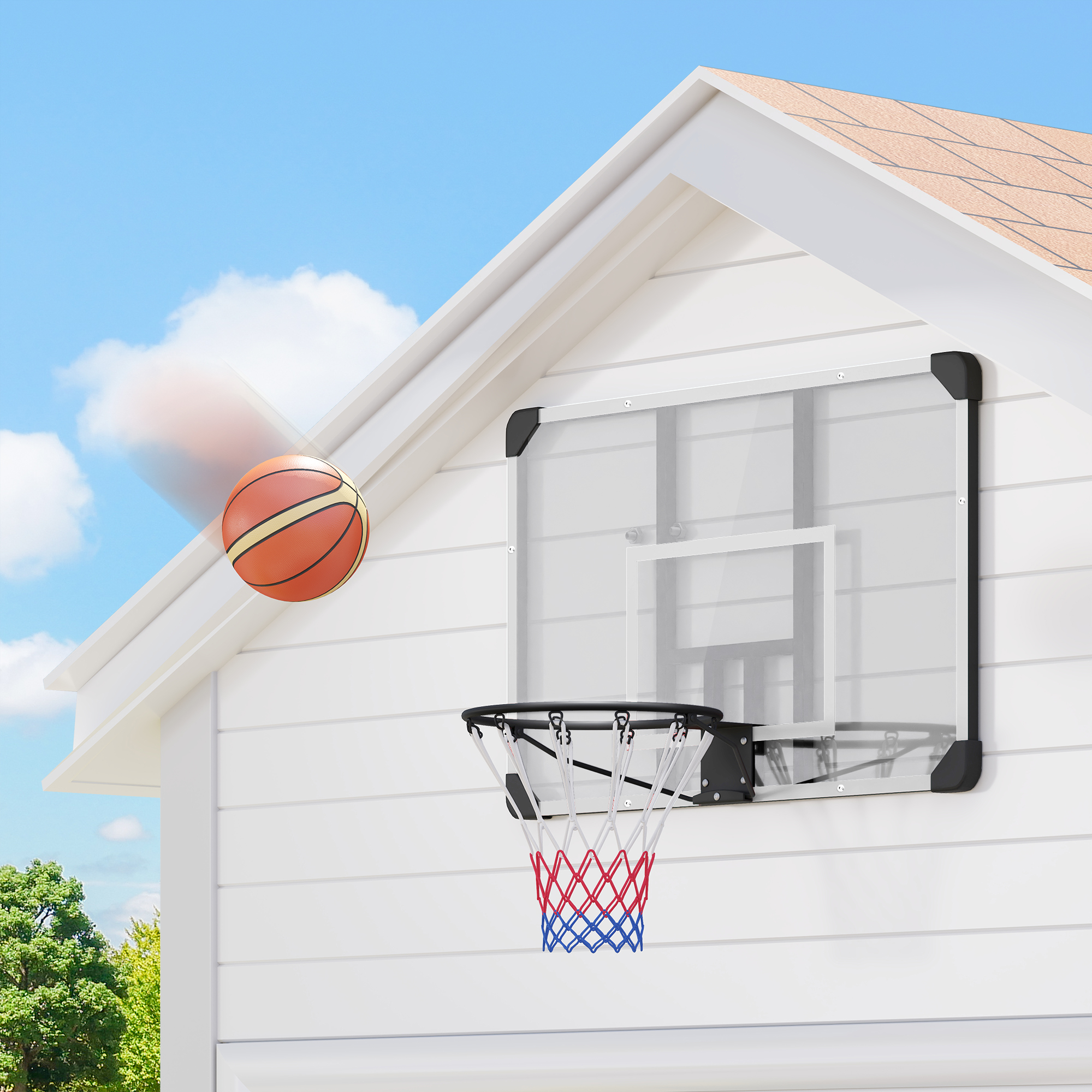 Un balón de baloncesto vuela hacia una canasta en una casa blanca.