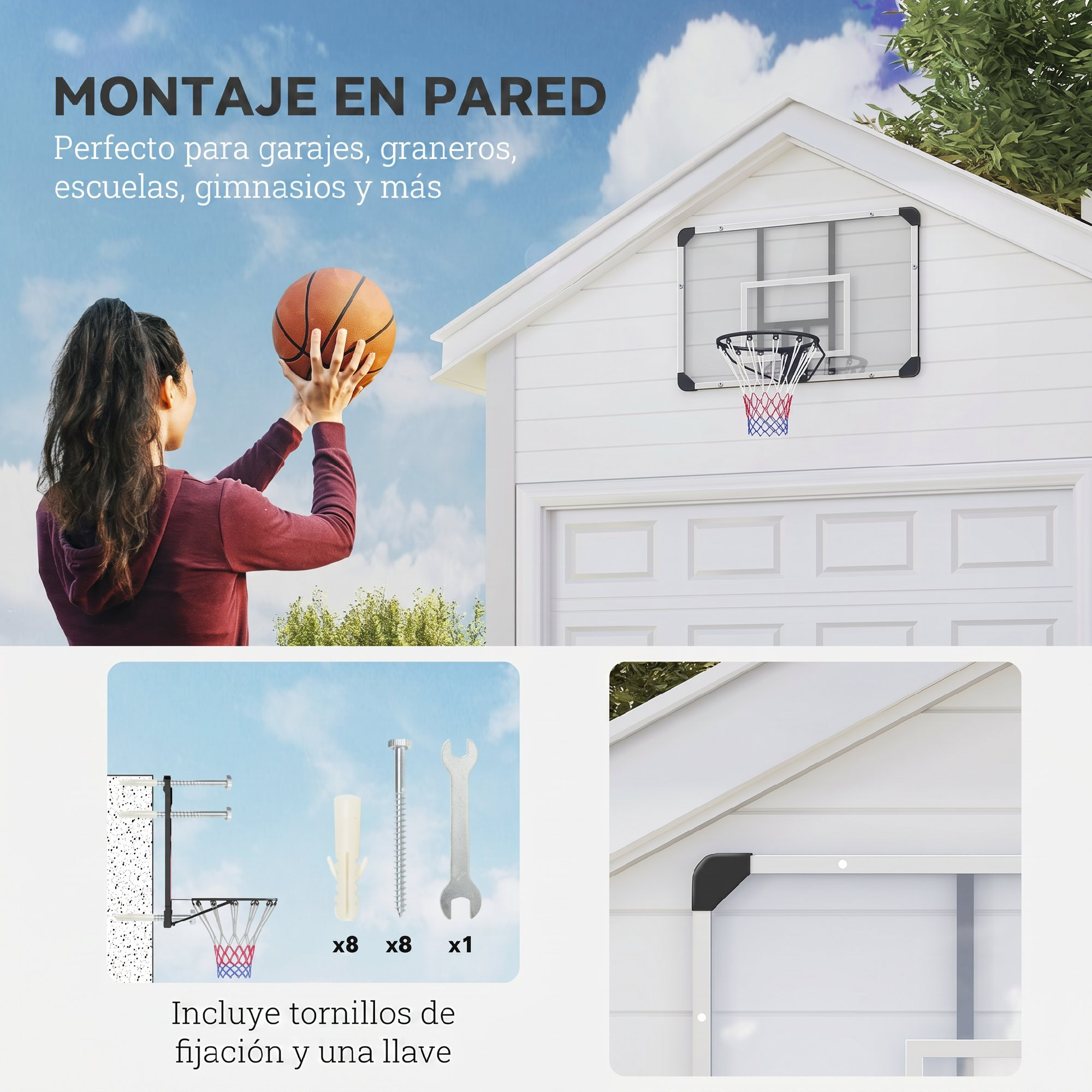 Montaje en pared de una canasta de baloncesto en un garaje.