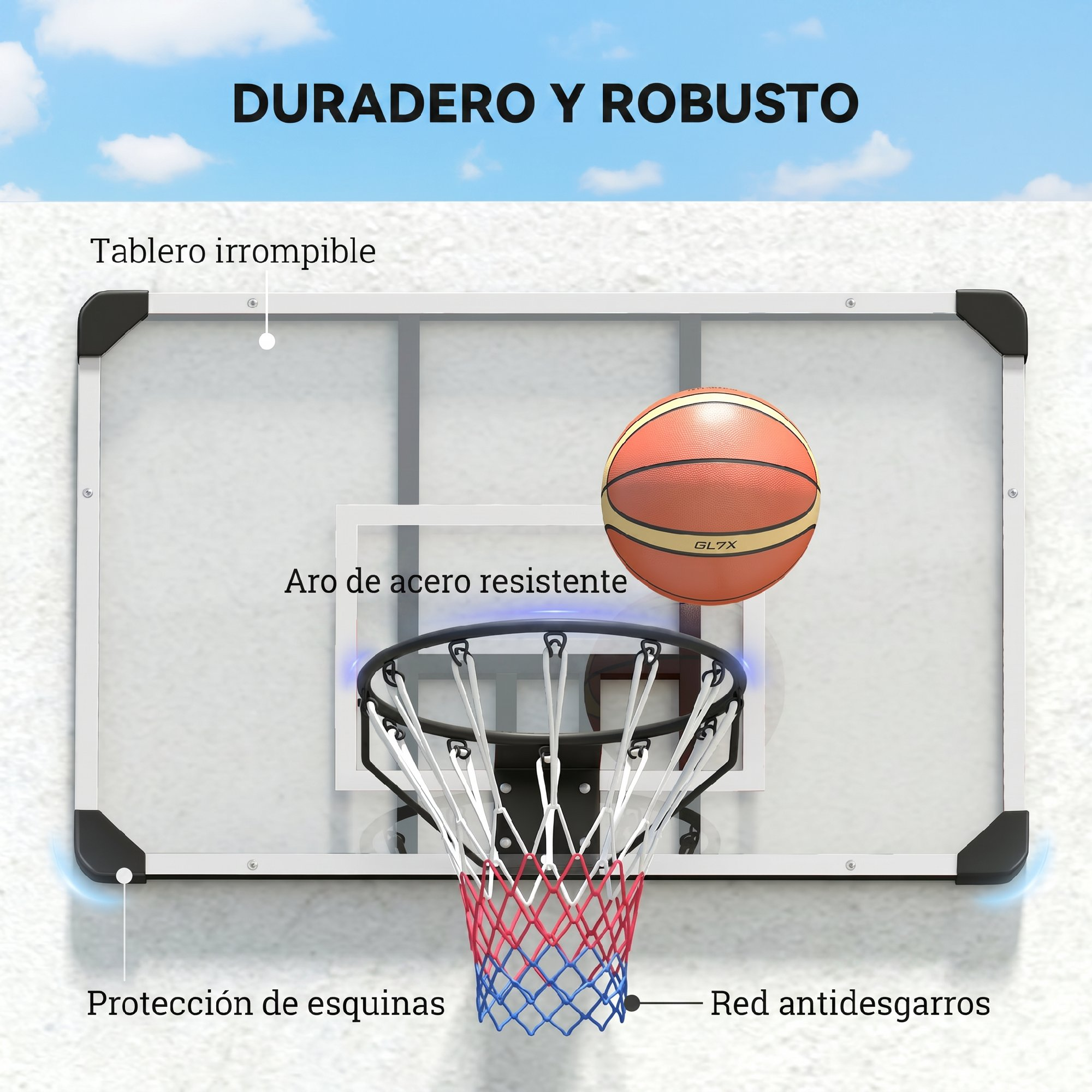 Una canasta de baloncesto con tablero transparente y balón en el aire, con etiquetas en español.