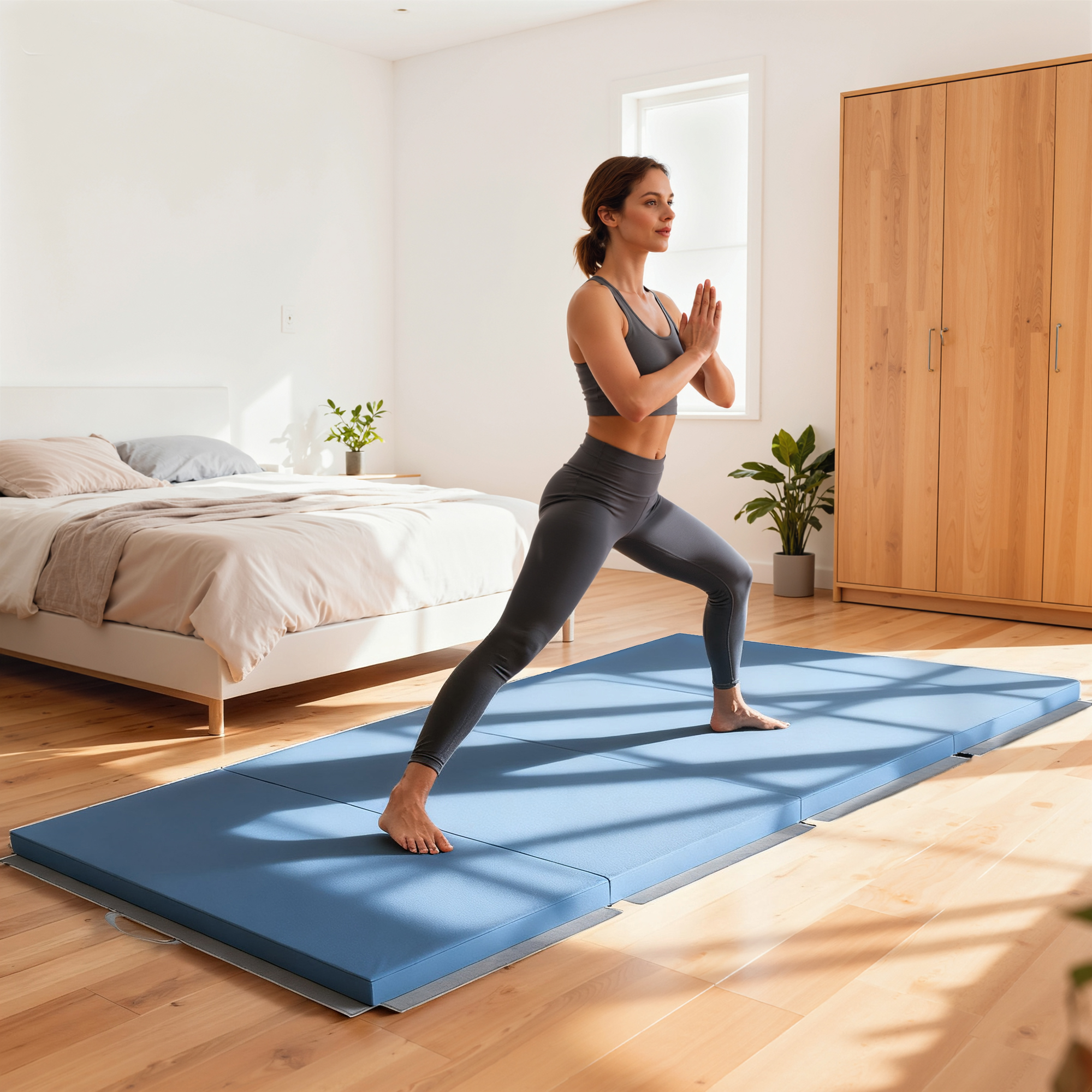 Una mujer con ropa deportiva gris practica yoga en una esterilla azul dentro de un dormitorio luminoso.