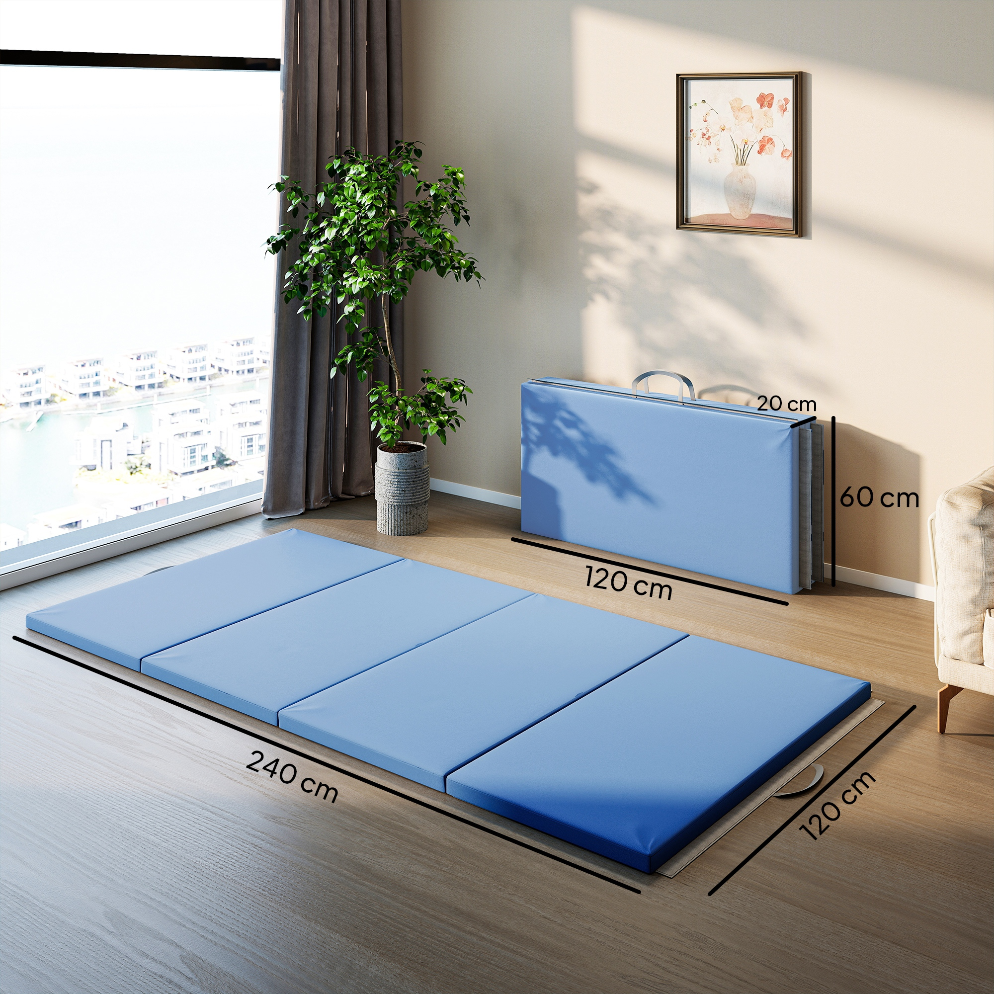Un colchón plegable azul en suelo de madera, de 240x120cm desplegado y 120x60x20cm doblado, en una habitación luminosa.