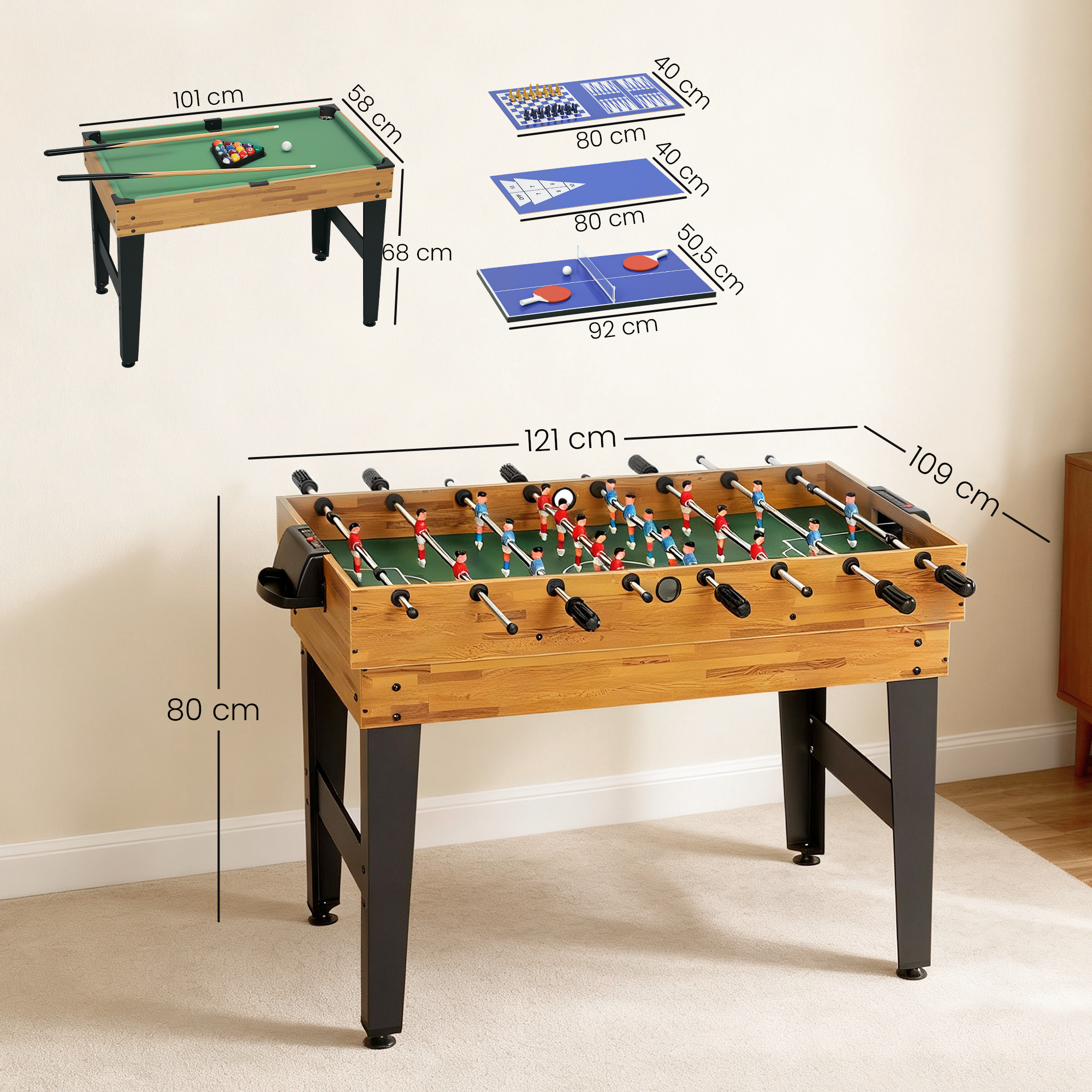 Mesa multijuegos de billar y futbolín con tableros intercambiables, dimensiones y accesorios mostrados.