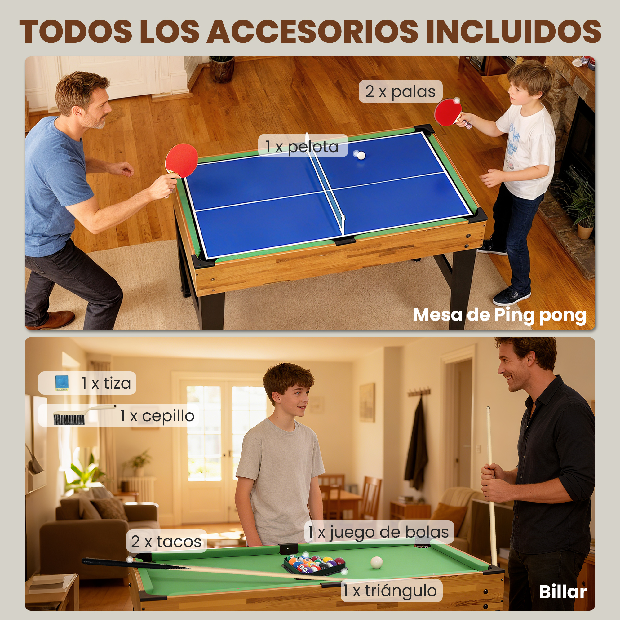 Un padre y su hijo juegan al ping-pong y al billar, con accesorios como palas, bolas y tacos.
