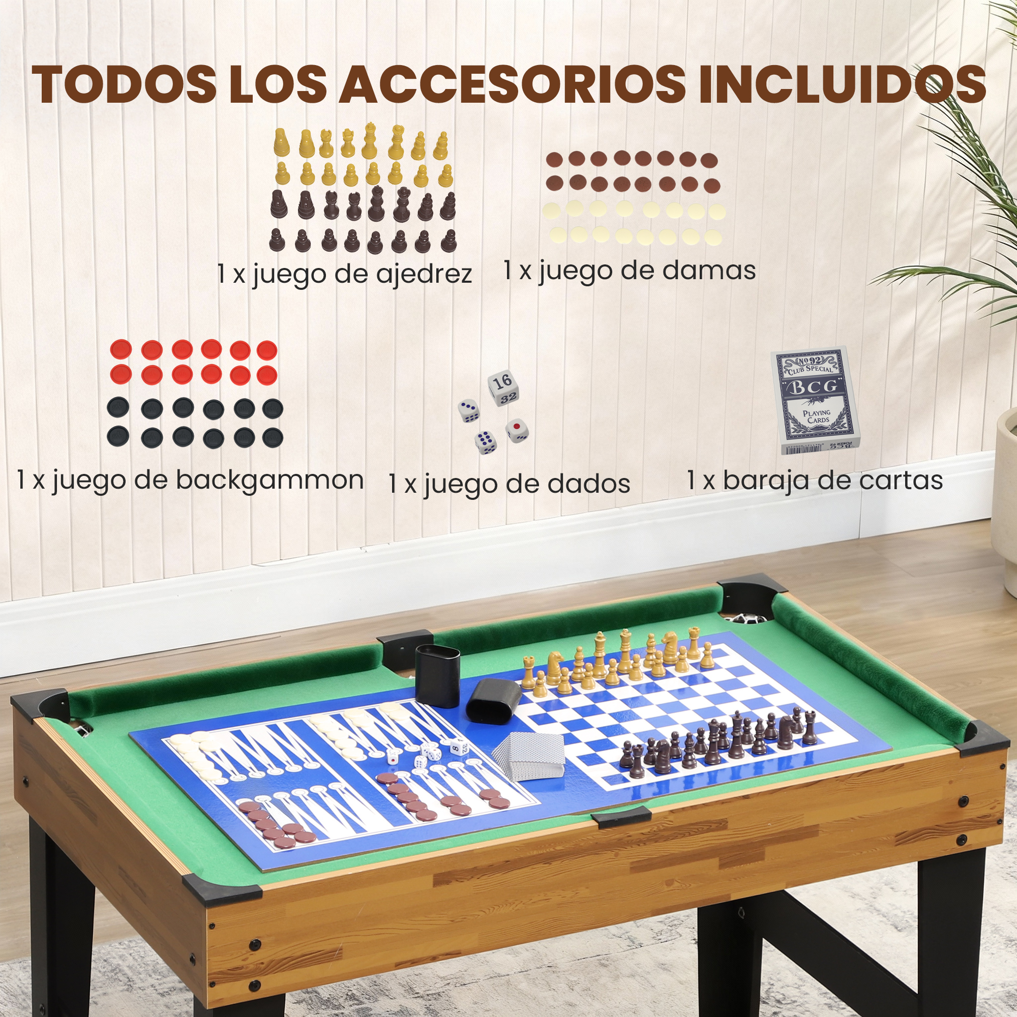 Mesa multijuegos con ajedrez, damas, backgammon, dados y cartas, con todos los accesorios.
