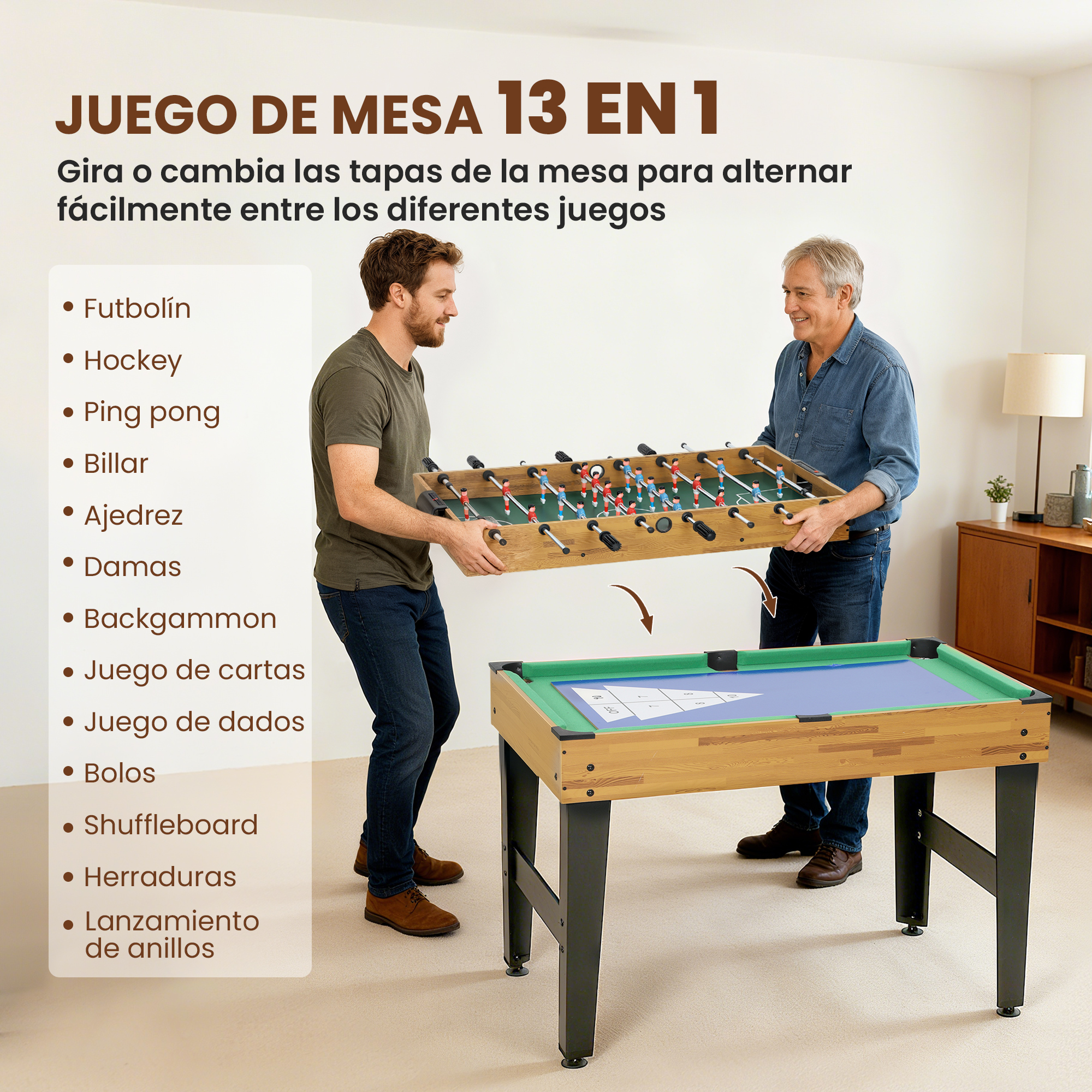 Dos hombres cambian el tablero de una mesa de juegos multifuncional de madera.