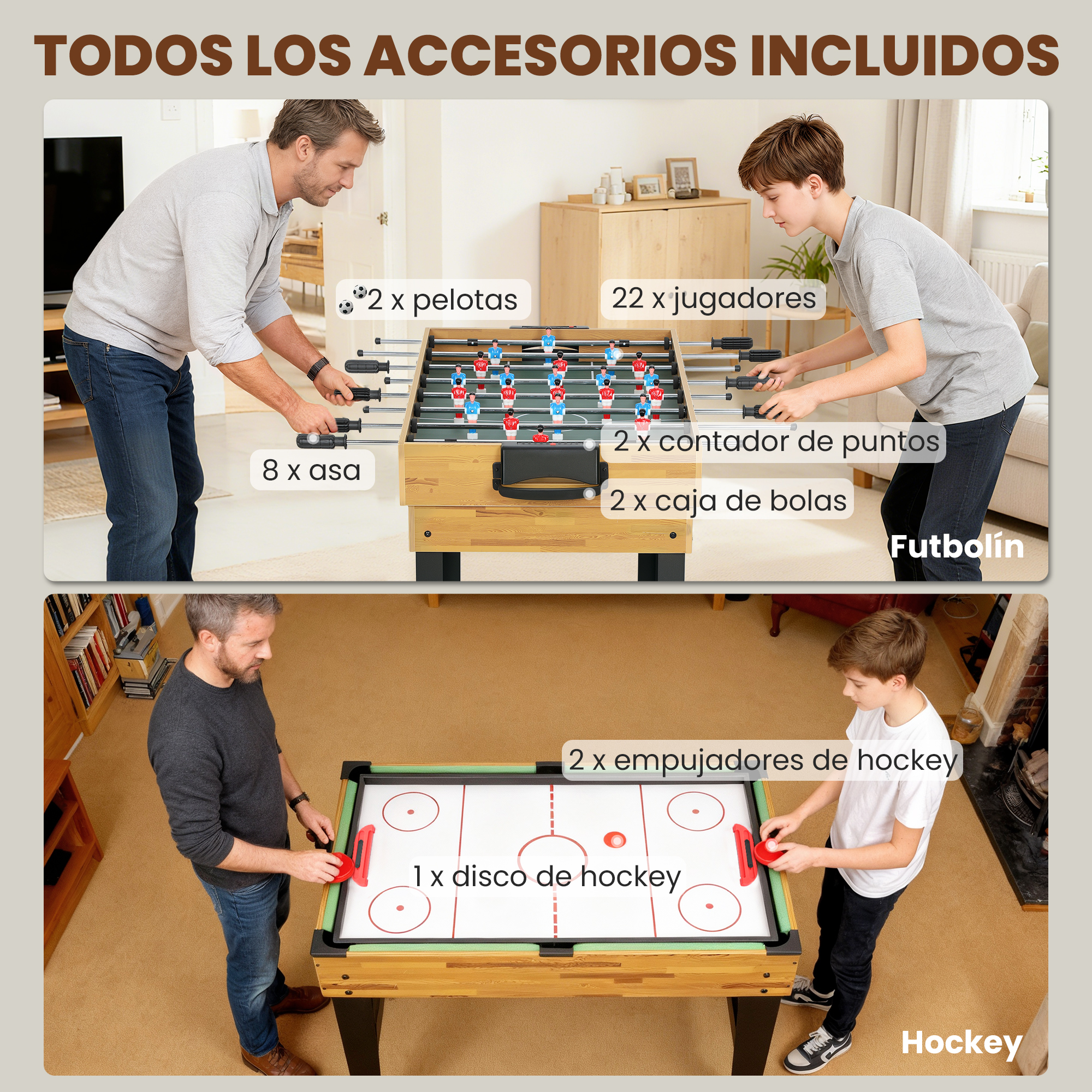Un padre y su hijo juegan al futbolin y hockey en una mesa multifuncion con accesorios.