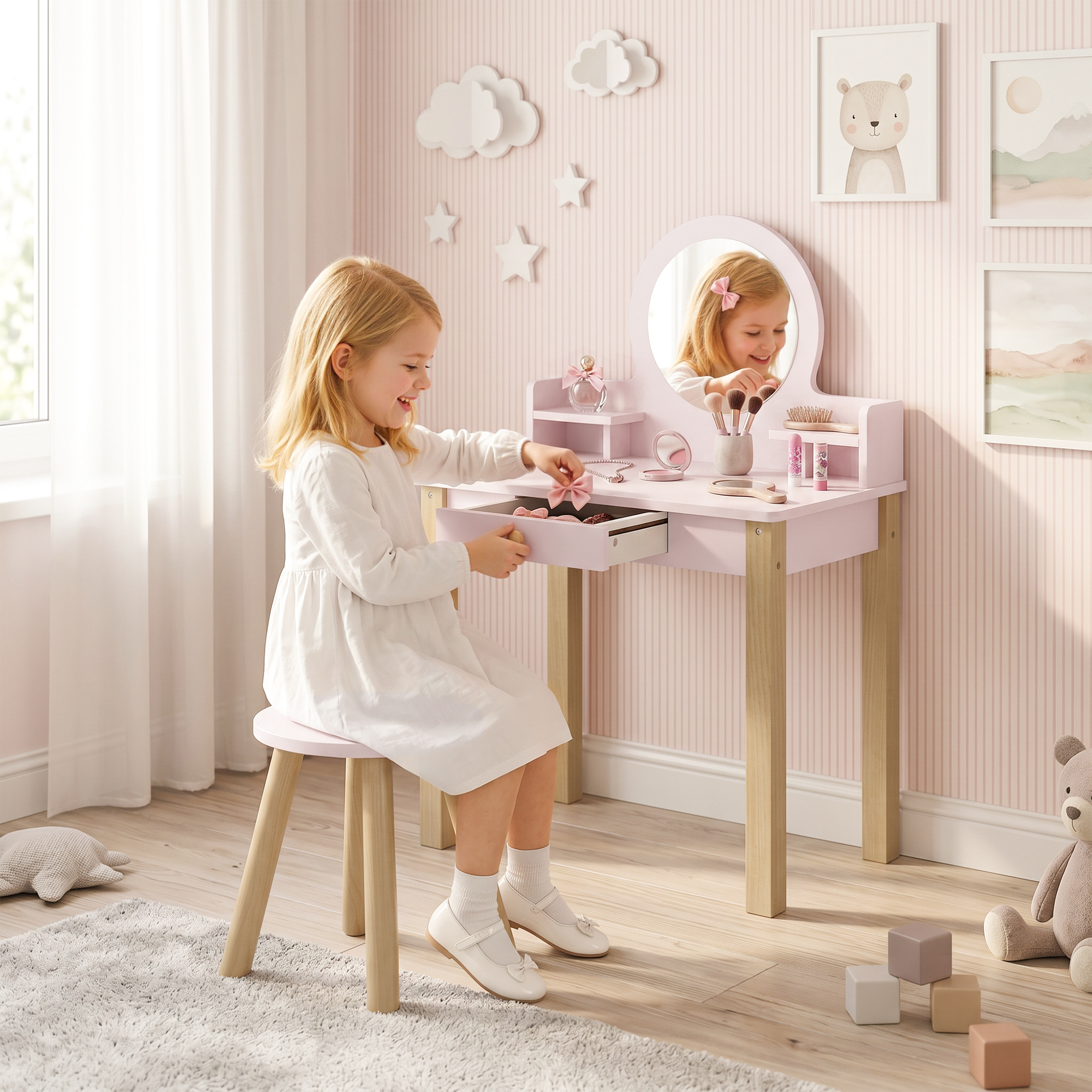 Una niña rubia con vestido blanco abre el cajón de un tocador rosa en una habitación.