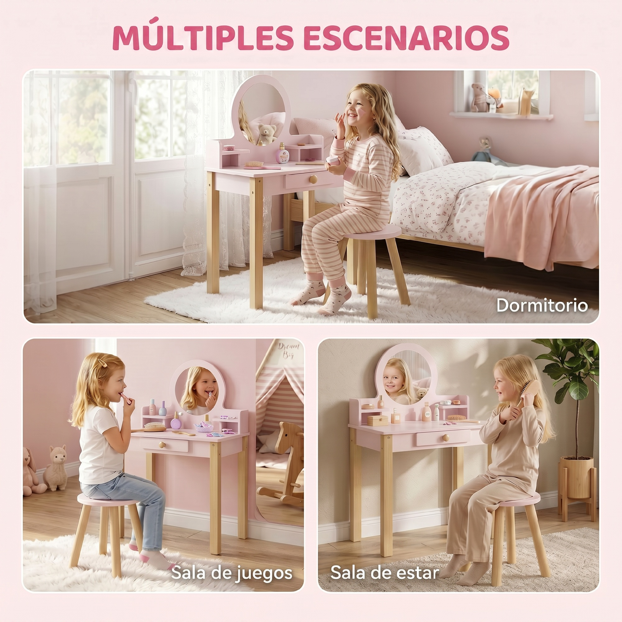 Una niña jugando con un tocador de madera rosa y taburete en tres habitaciones diferentes.