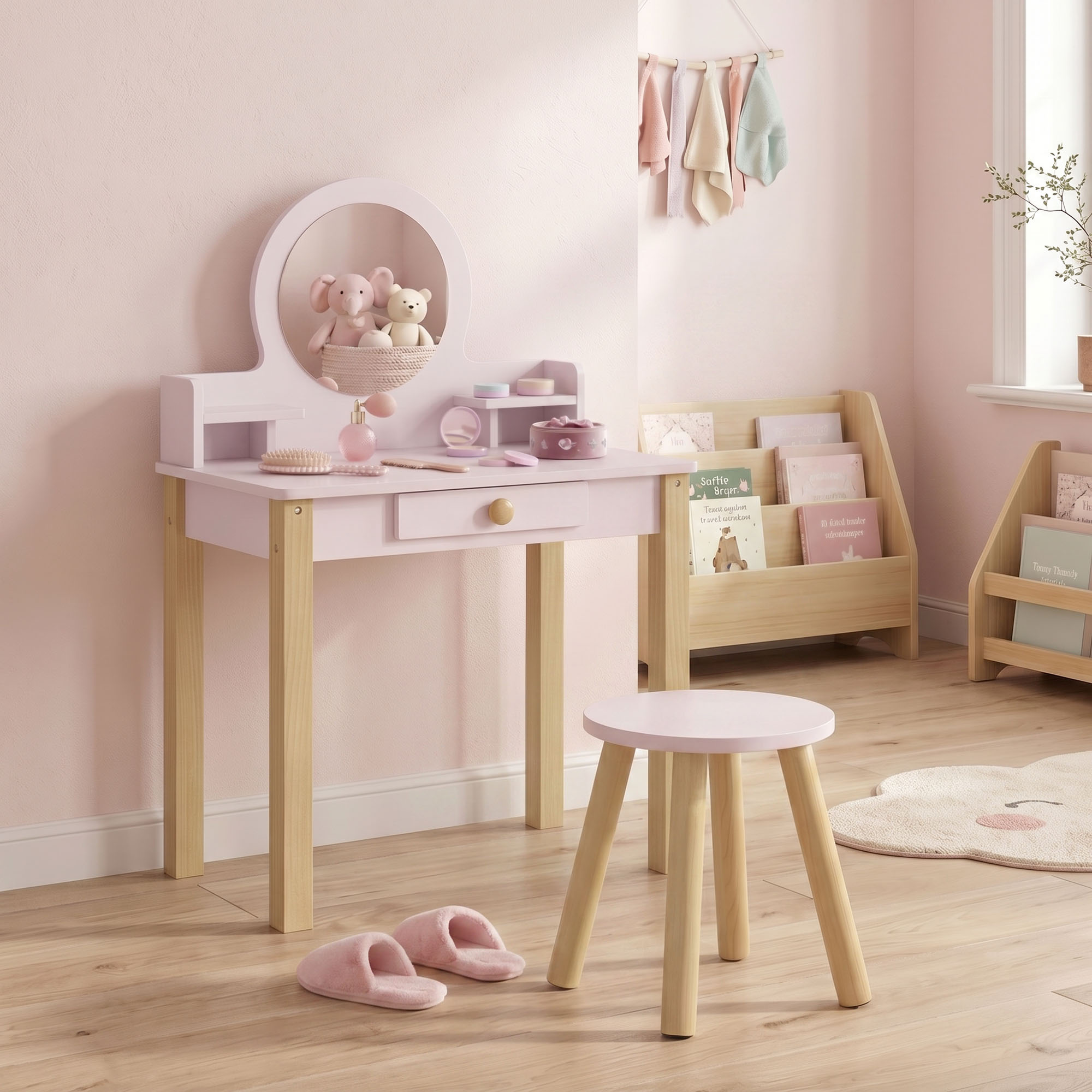 Un tocador infantil rosa y taburete en un dormitorio con suelo de madera, juguetes y zapatillas.