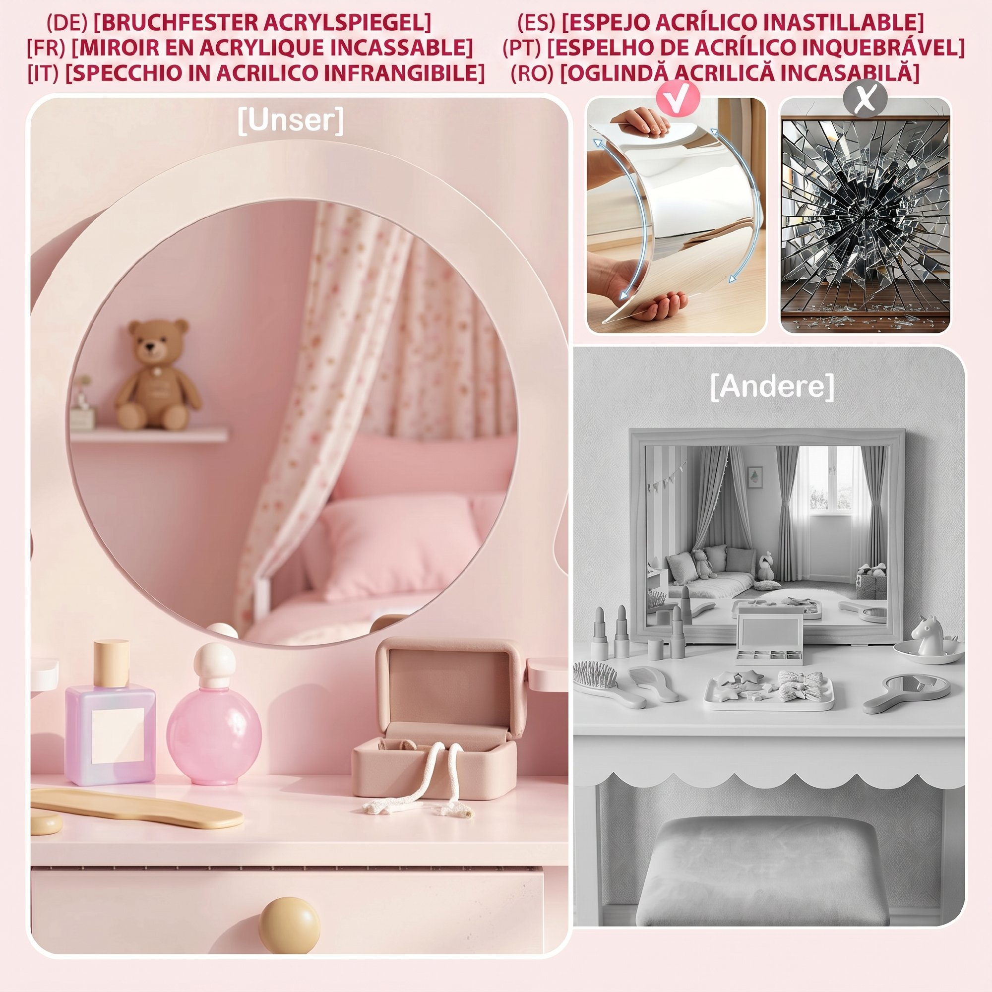 Comparación de espejo acrílico flexible y vidrio roto; tocadores rosa y gris abajo.