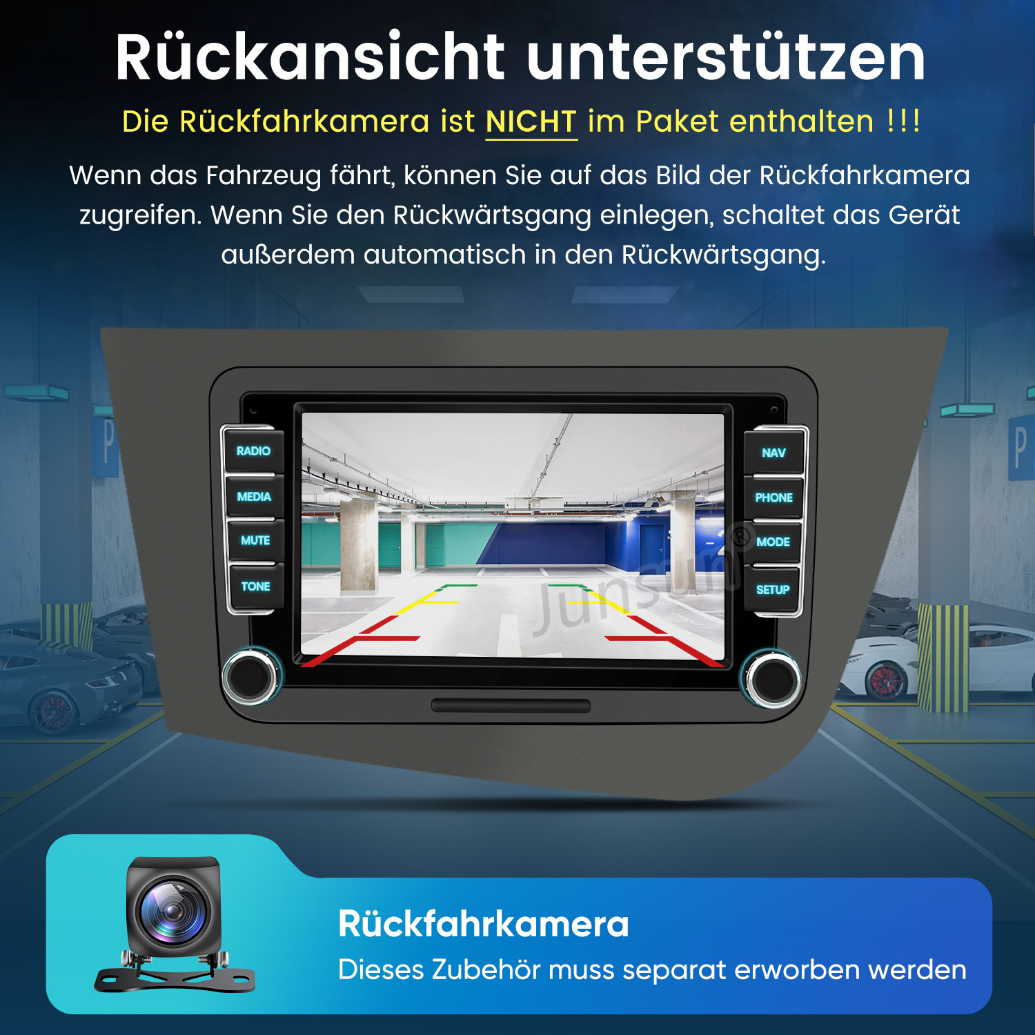 Autoradio con schermo che mostra un parcheggio e linee della telecamera.