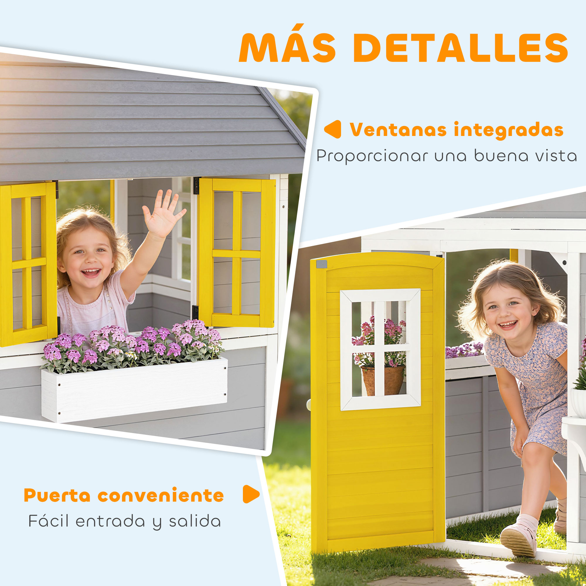 Una niña sonriente saluda desde la ventana de una casita de juegos y otra sale por la puerta amarilla.