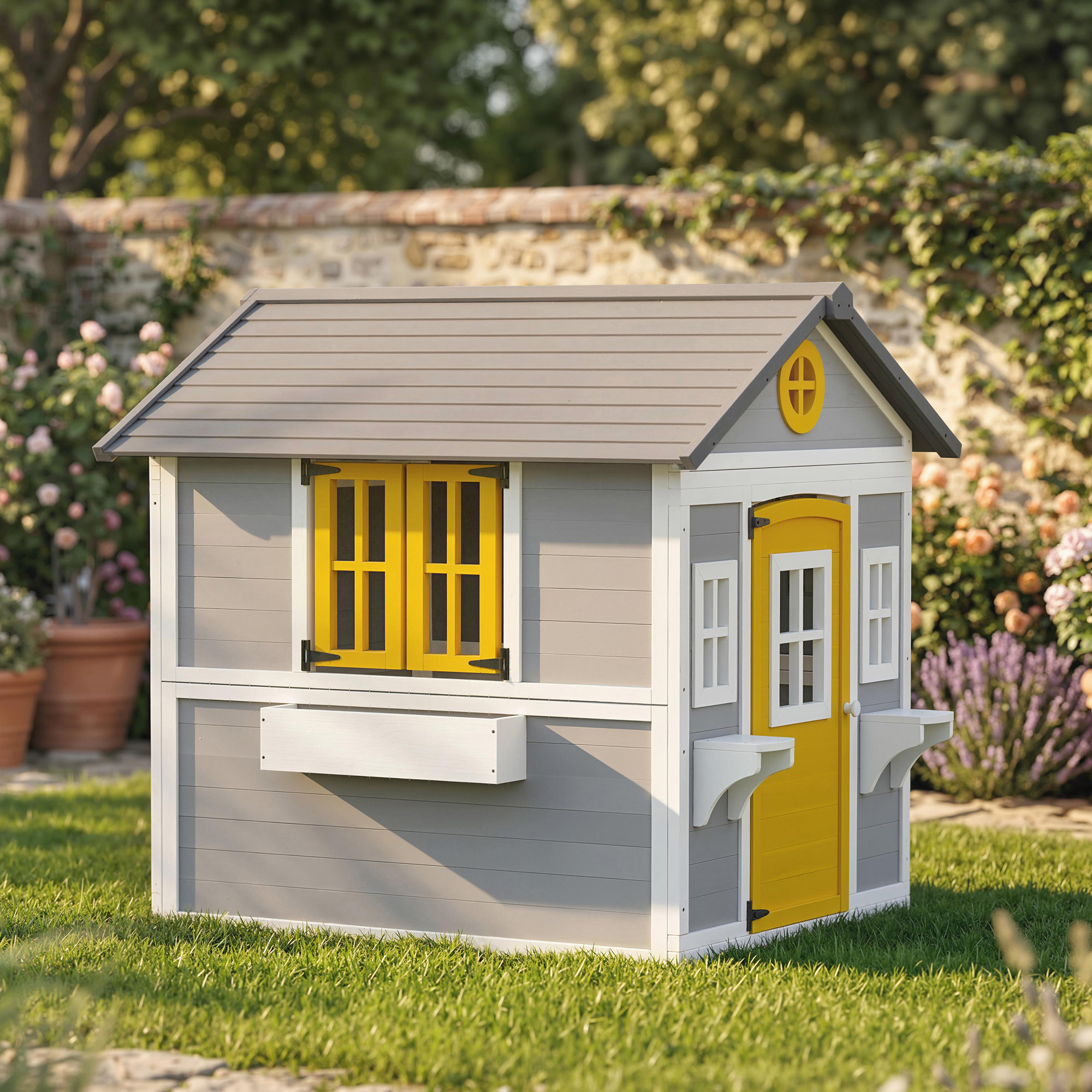 Una casita de juegos de madera gris y amarilla sobre el césped en un jardín.