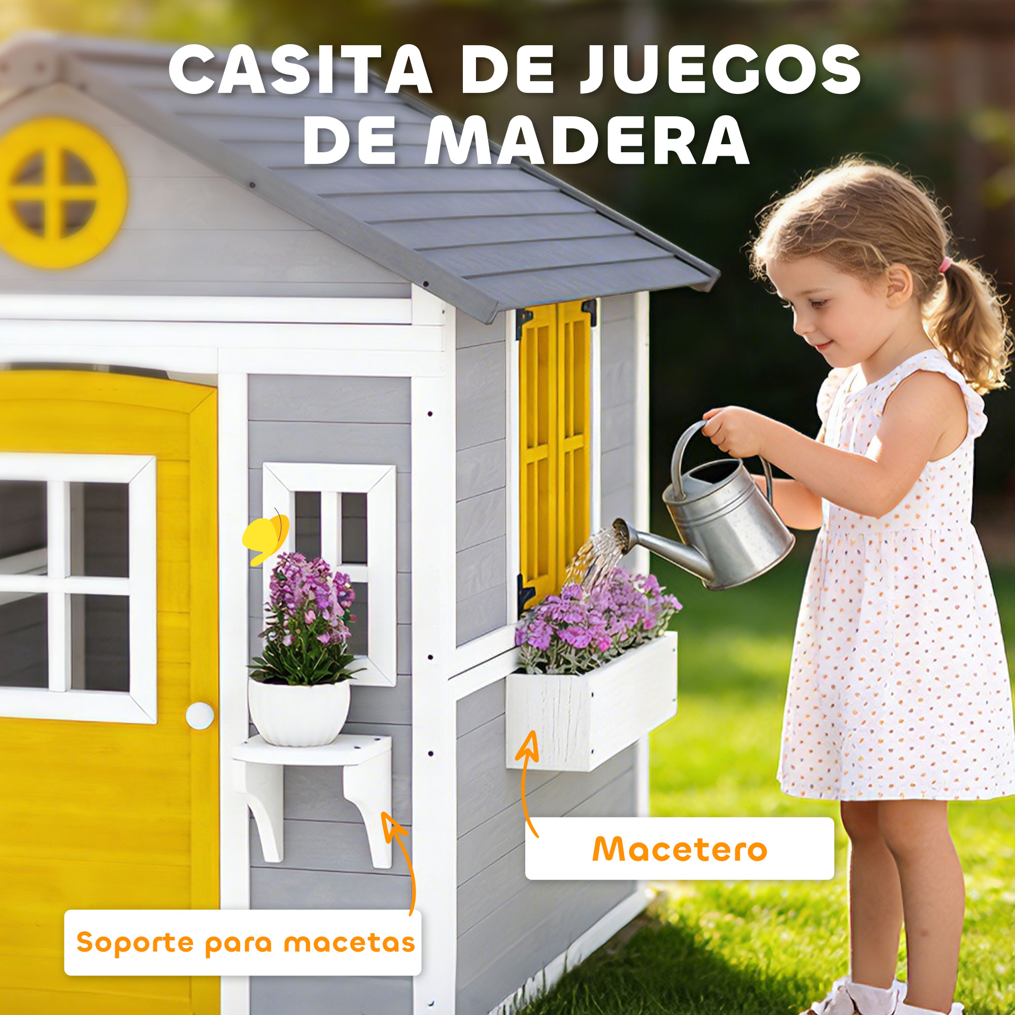 Una niña riega flores en una jardinera junto a su casita de juegos gris y amarilla.