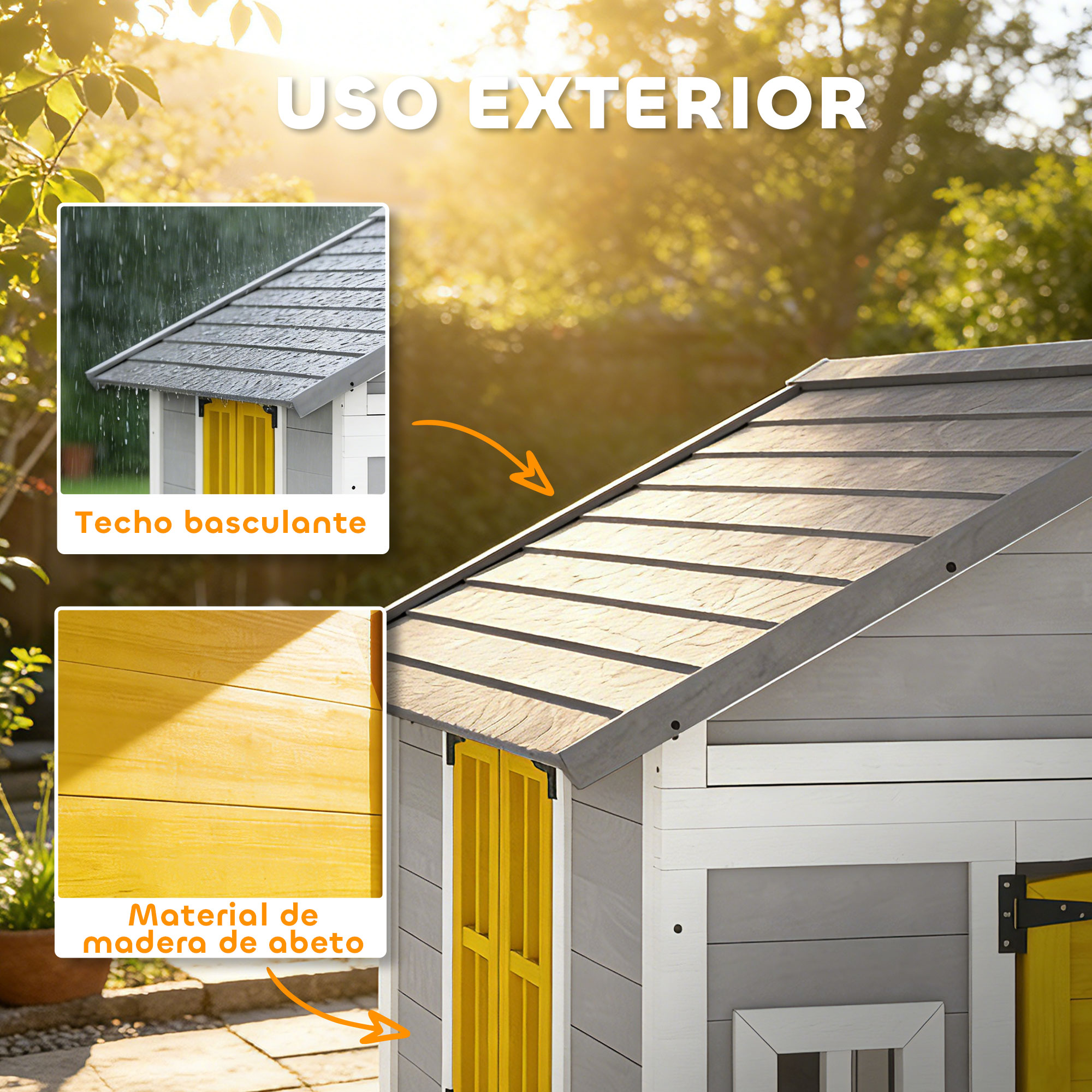 Casita de madera para exterior con techo gris, paredes y puertas amarillas.