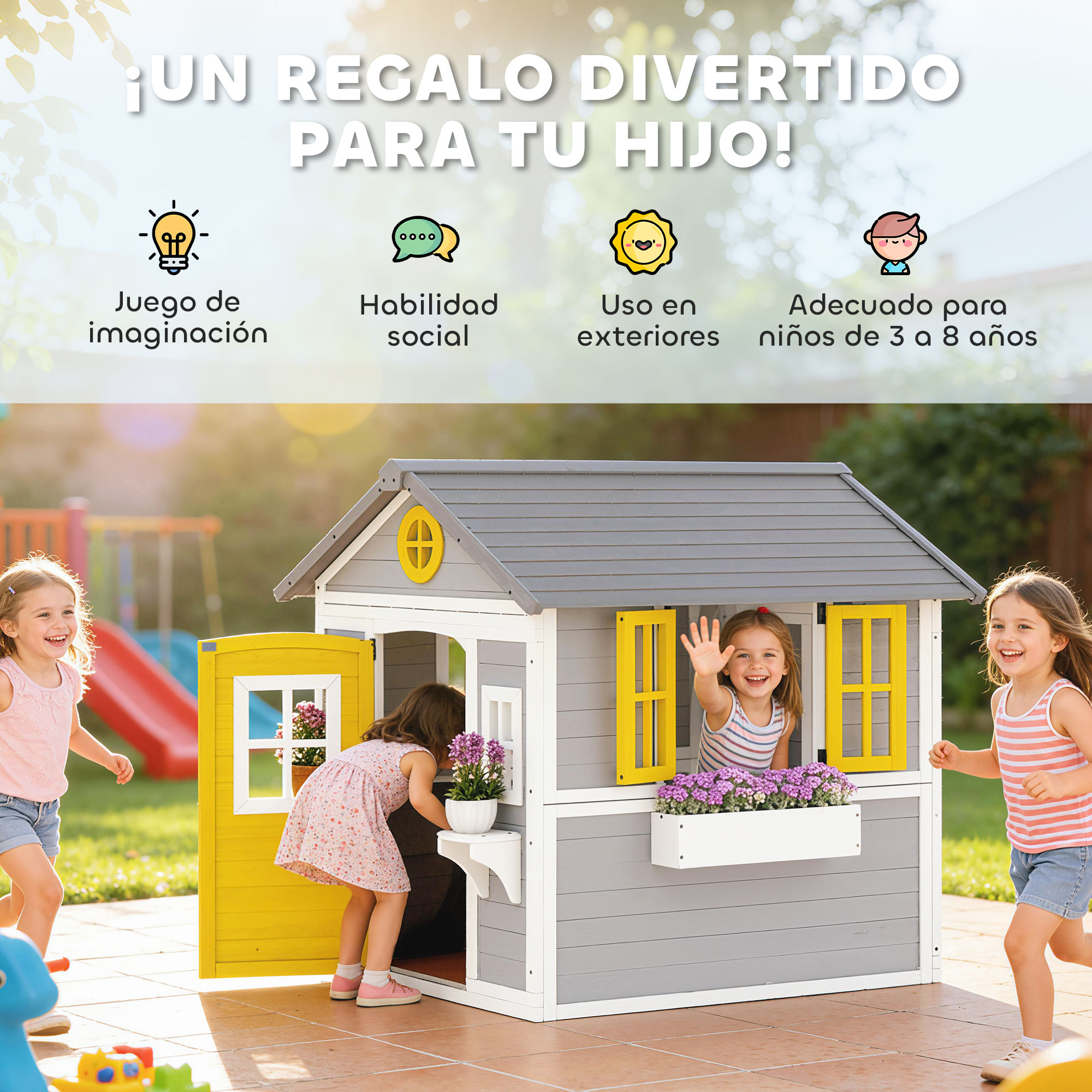 Cuatro niños juegan felices alrededor de una casita de juguete gris y amarilla al aire libre.