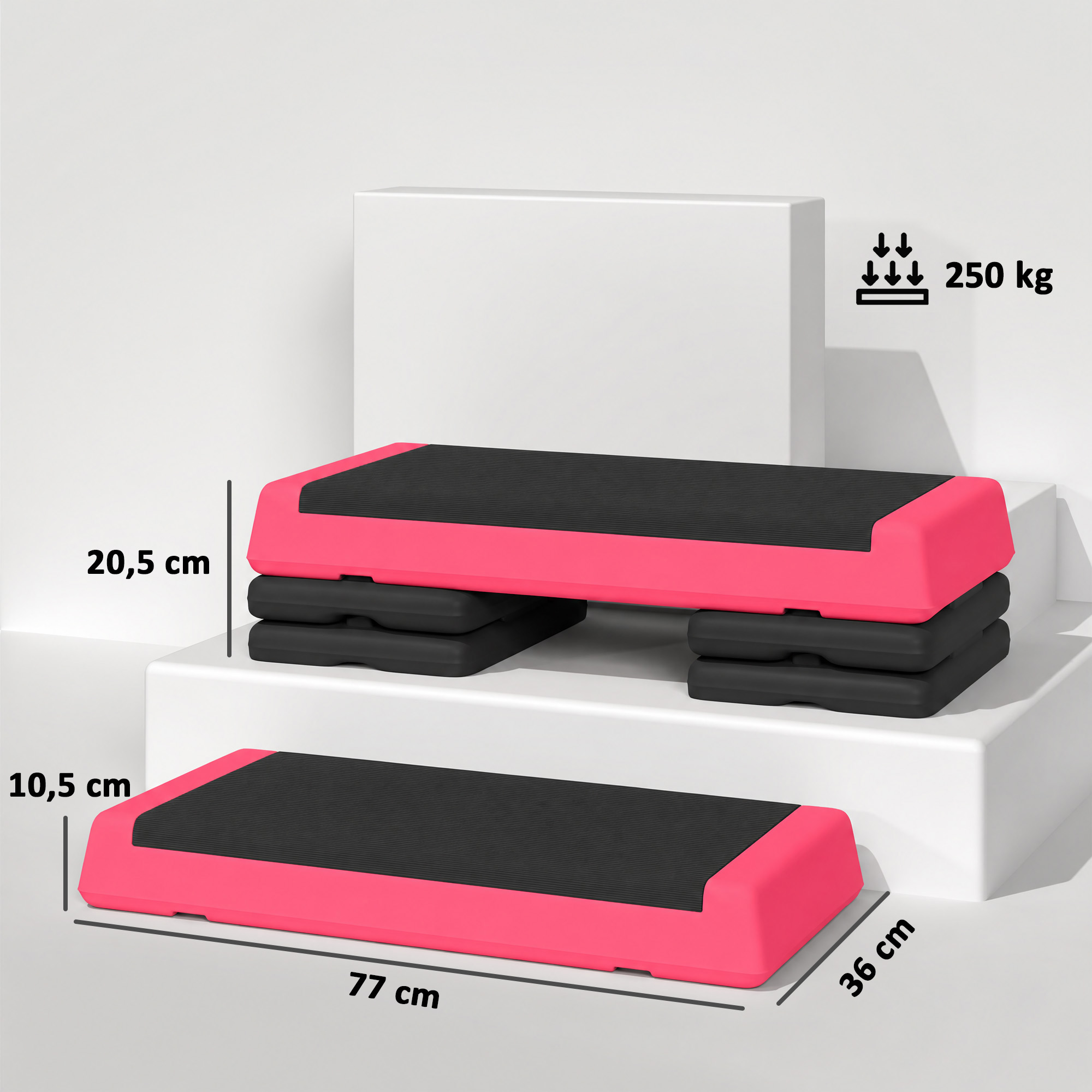 Plataformas de step de fitness rosas y negras con etiquetas de dimensiones y capacidad de peso.