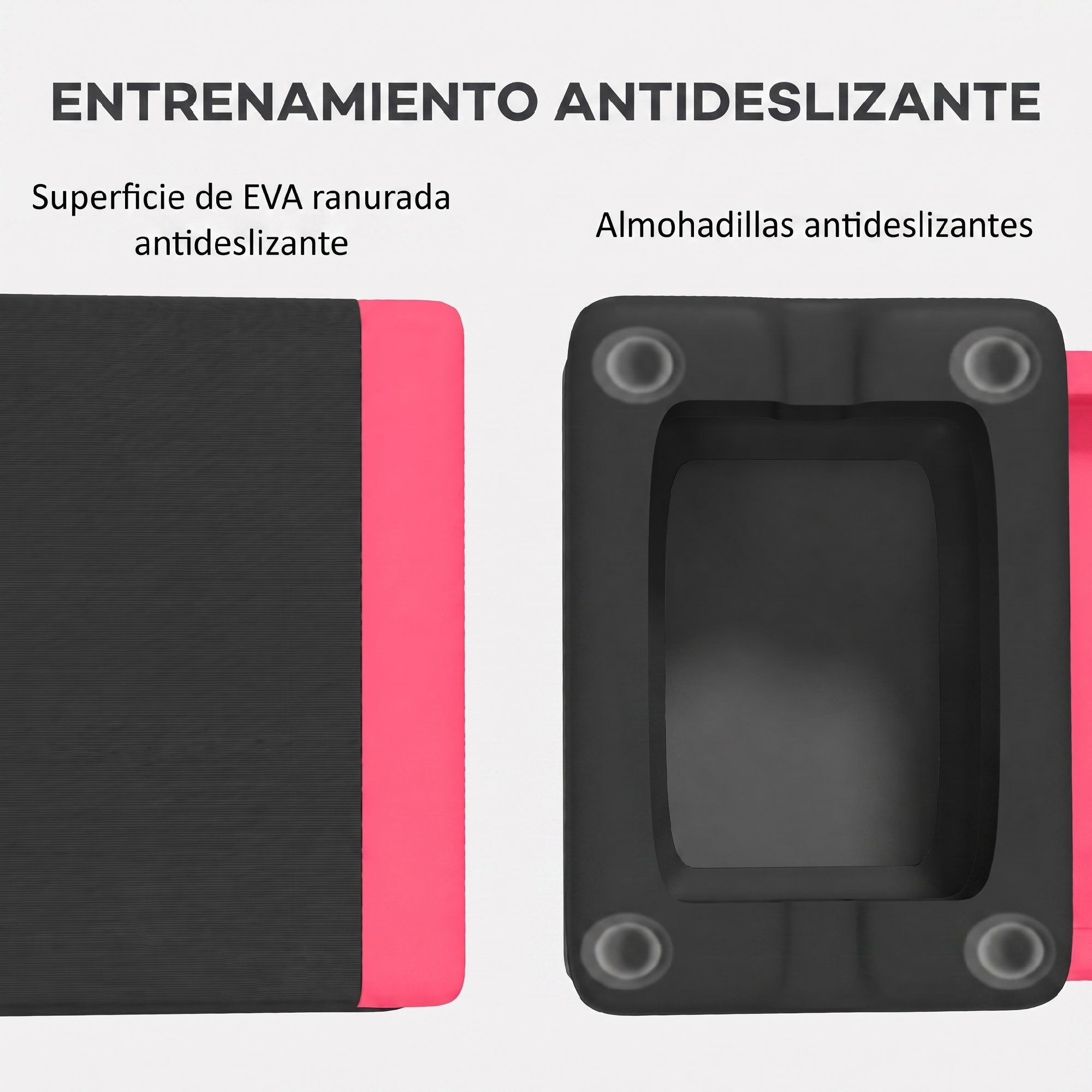 Bloque de step con superficie de EVA ranurada y almohadillas antideslizantes.
