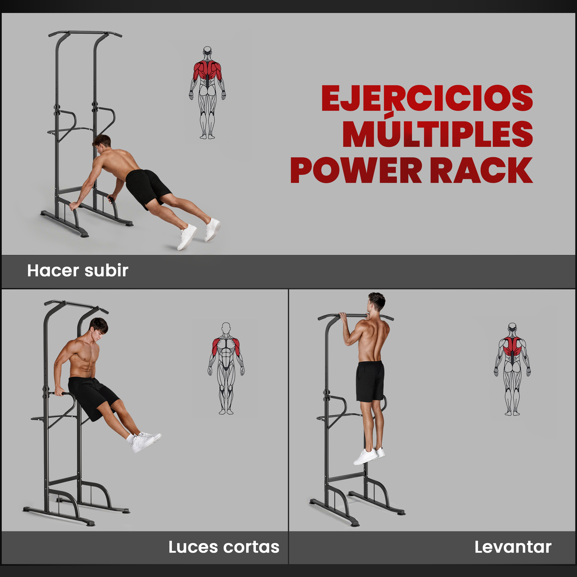 Un hombre demuestra ejercicios con power rack, con diagramas musculares y texto sobre fondo gris.