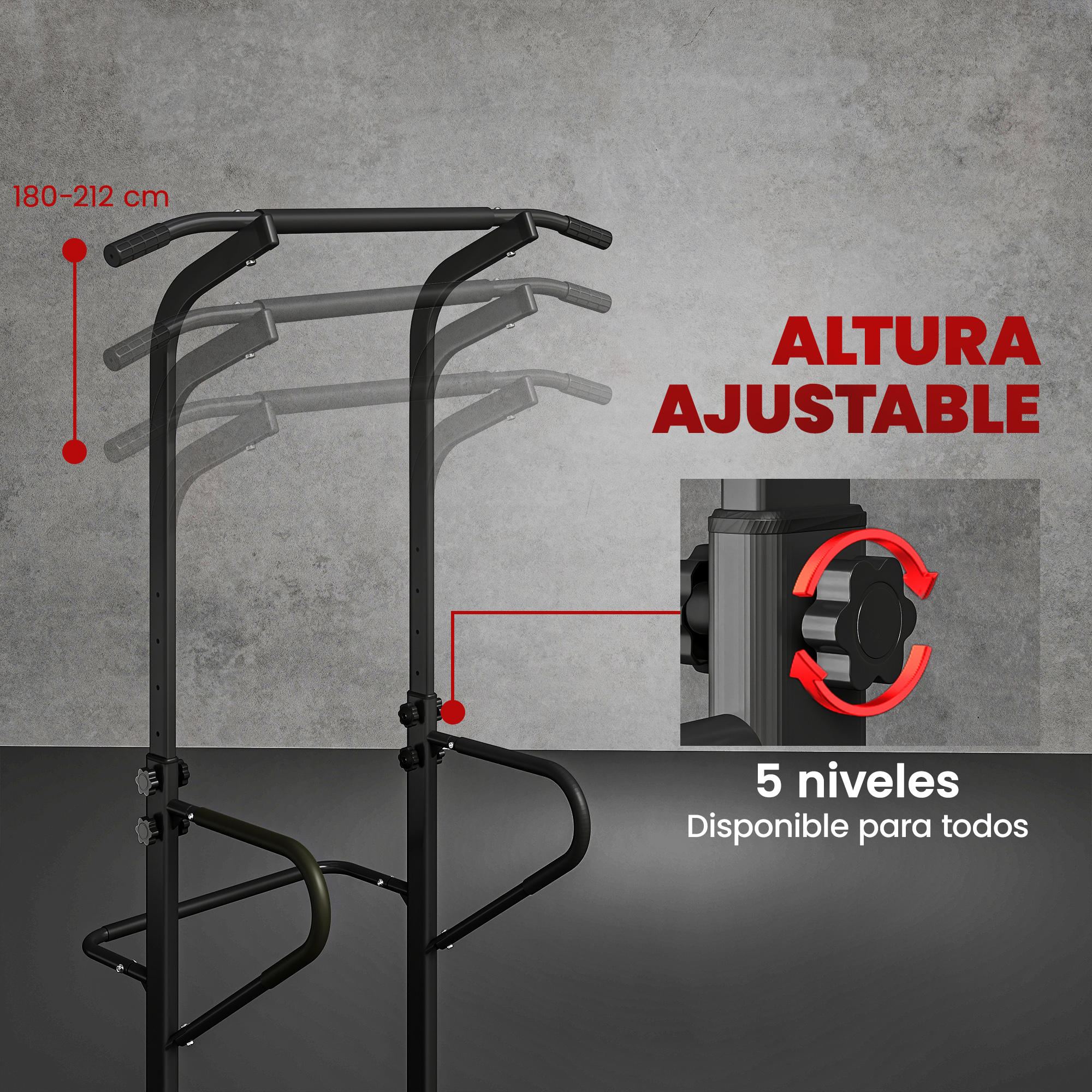 Barra de dominadas negra con altura ajustable de 180-212 cm en cinco niveles y detalles de ajuste.