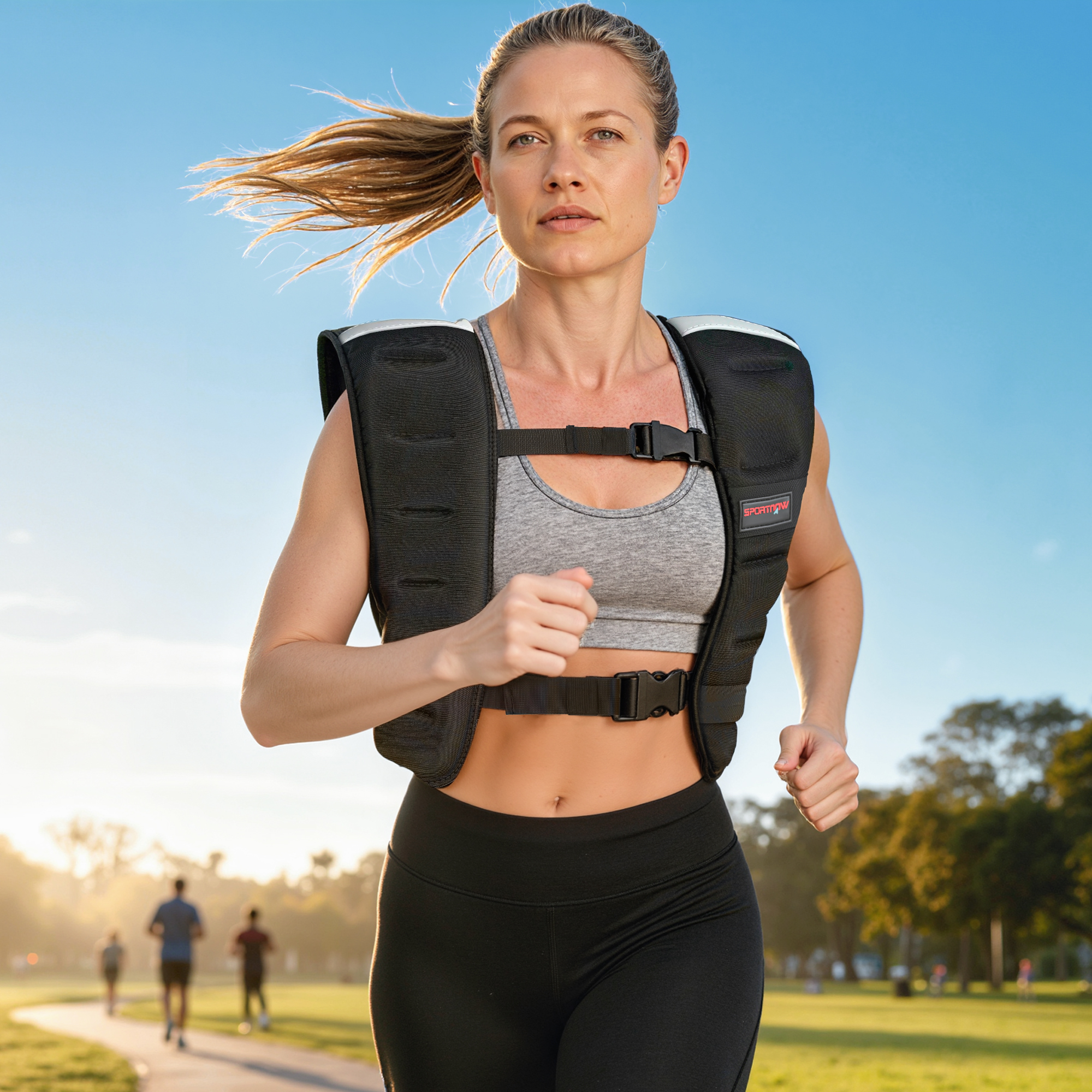 Una mujer rubia con top deportivo y chaleco con peso corre en un parque, con otros haciendo footing al fondo.