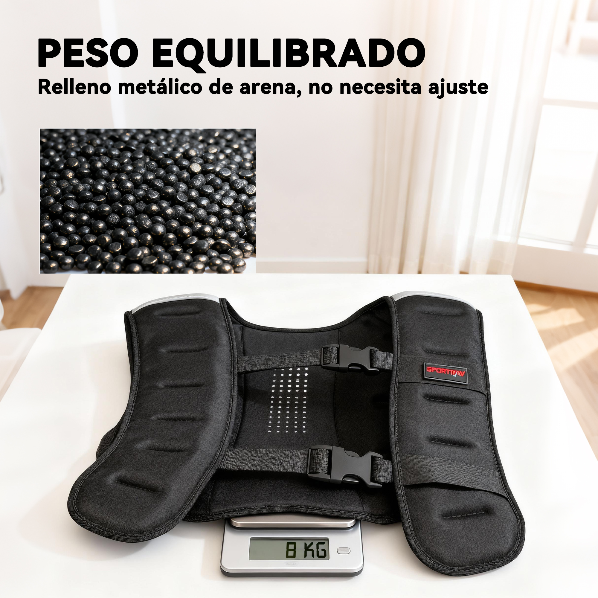 Un chaleco de peso negro sobre una báscula que muestra 8 kg, con detalle de bolitas metálicas.
