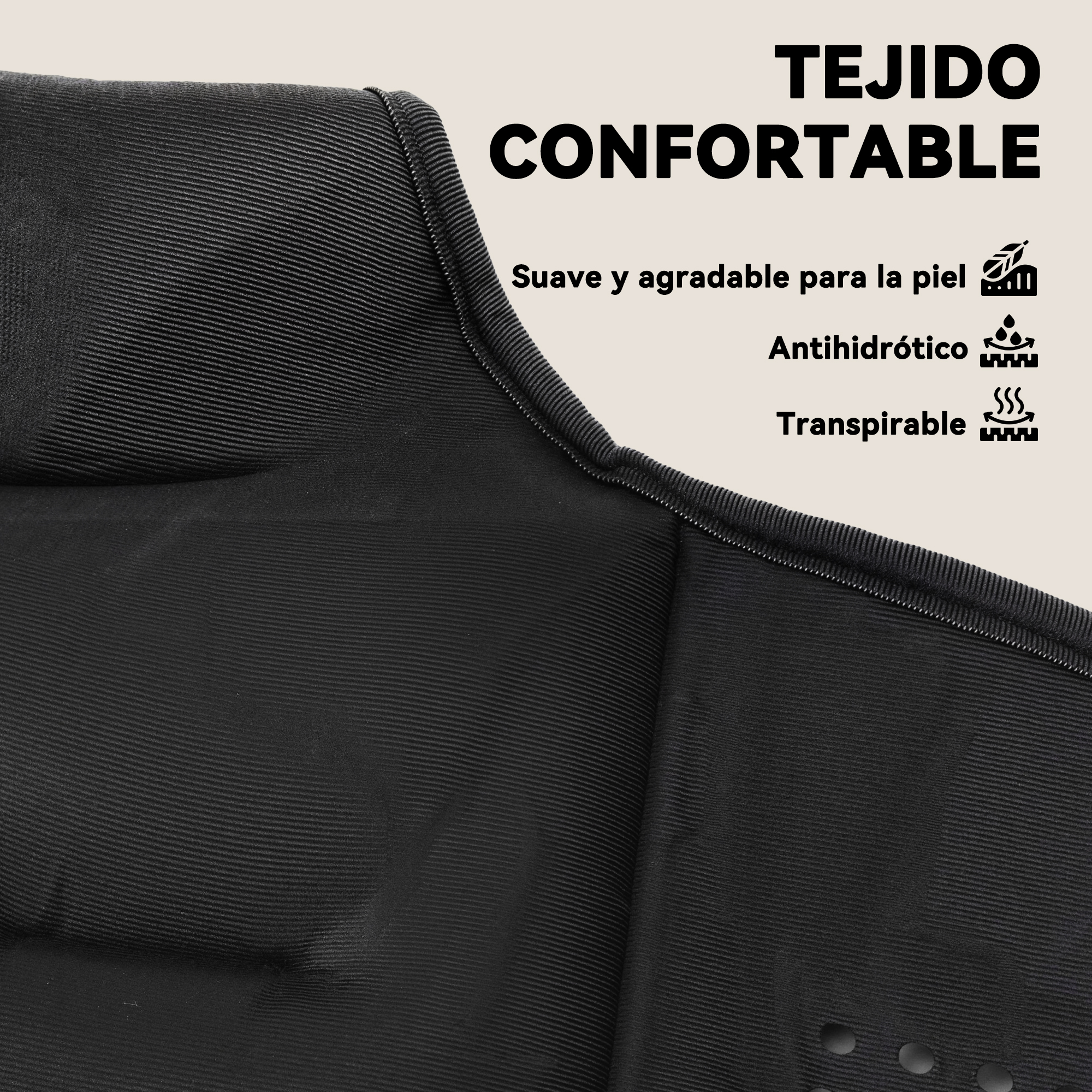 Tejido negro y cómodo con propiedades suaves, antihidróticas y transpirables destacadas.