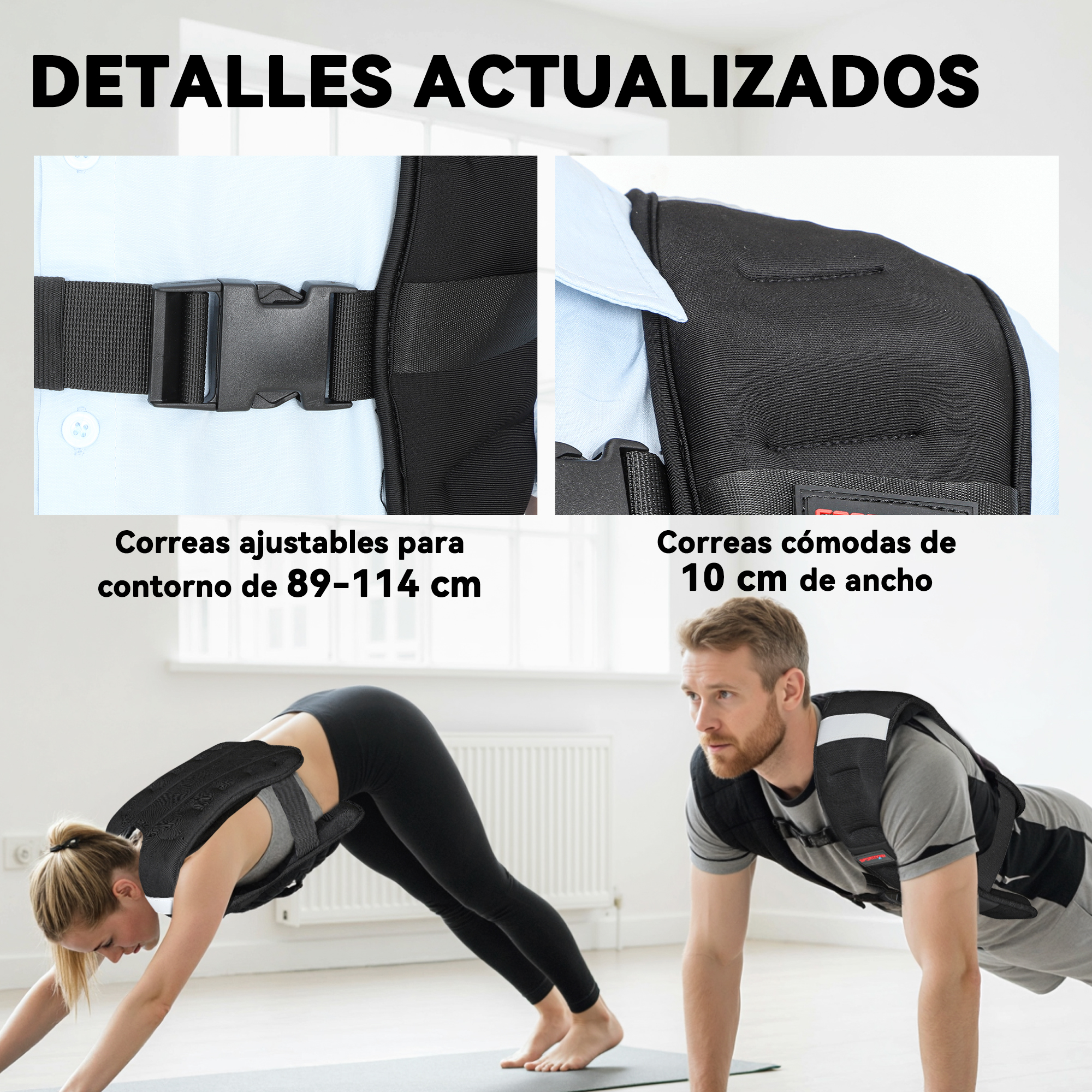 Correas ajustables y hombreras anchas de un chaleco con peso durante el entrenamiento.