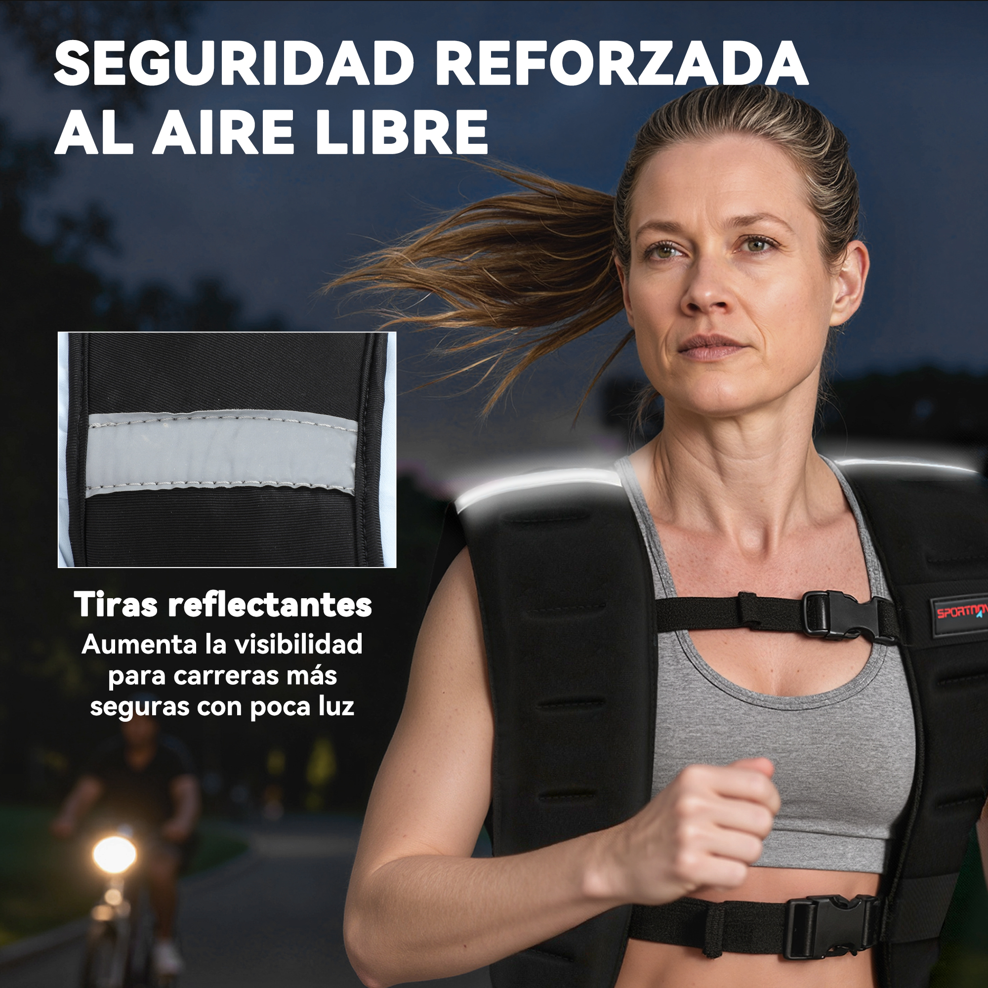Mujer corriendo con chaleco reflectante para mayor seguridad.