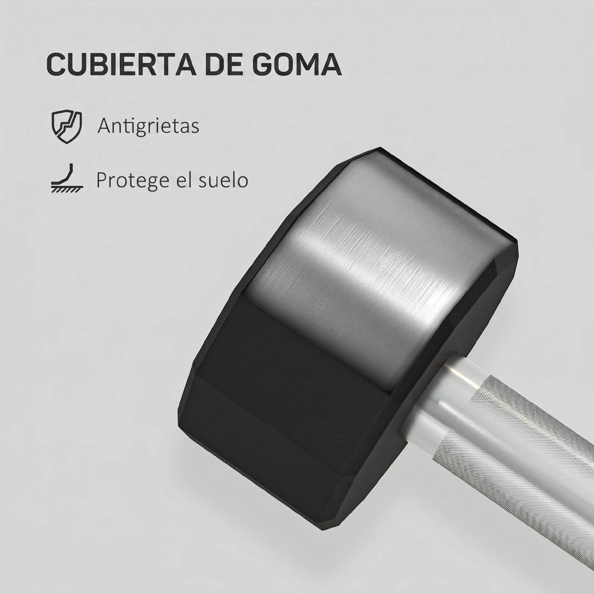 Una mancuerna con revestimiento de goma negra y texto al fondo.