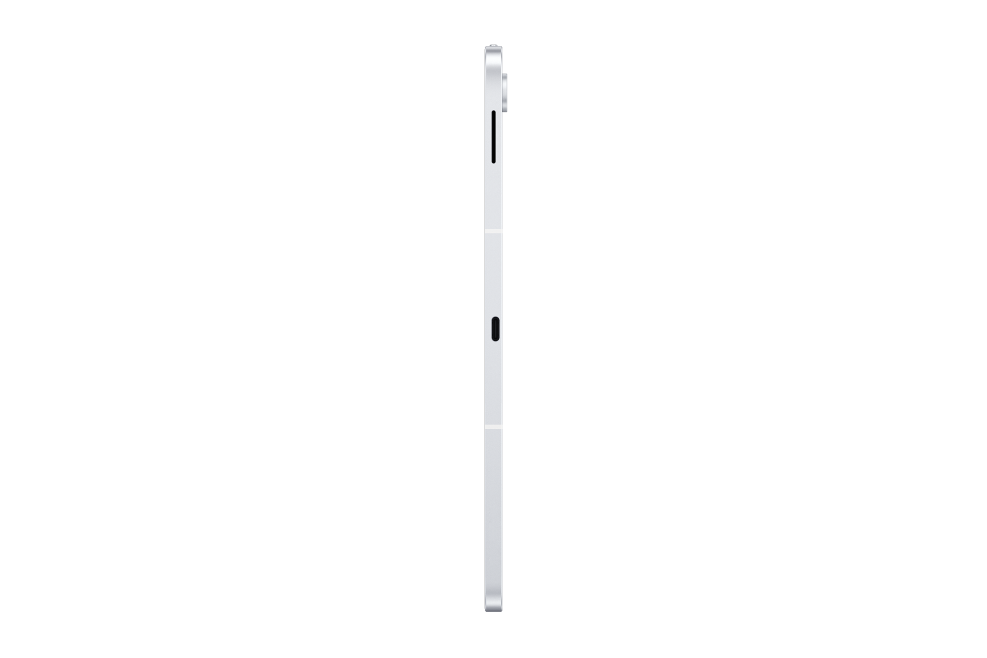 Ein silbernes Tablet von der Seite vor schwarzem Hintergrund, mit Lautstärketasten und Mikrofonöffnung.