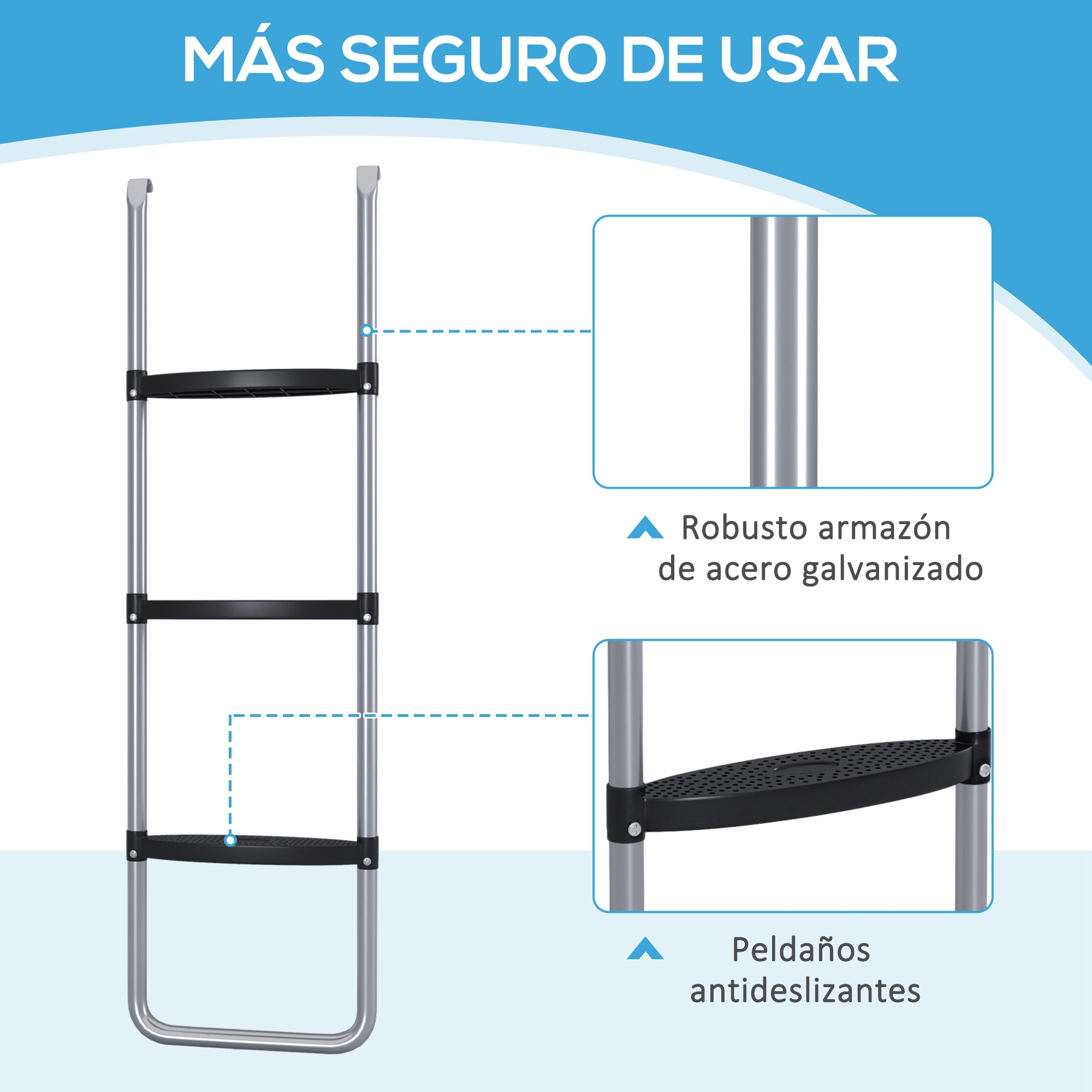 Estructura de acero galvanizado y peldaños antideslizantes de una escalera.