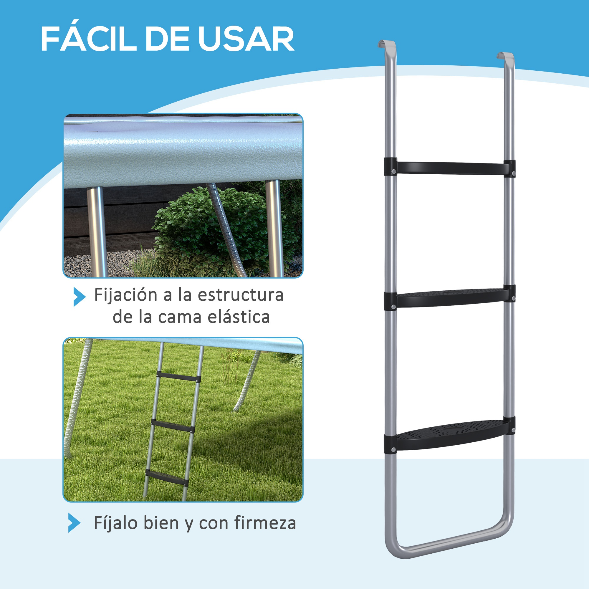 Una escalera de trampolín gris con tres peldaños negros y dos ejemplos de uso incrustados en un fondo azul.