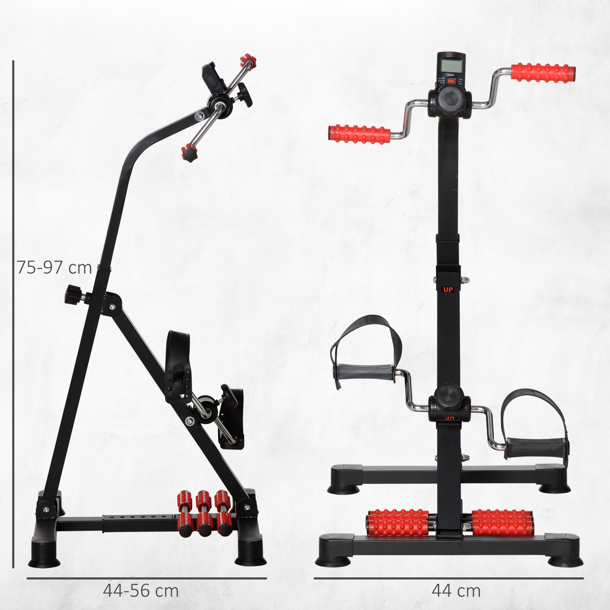 Vista lateral y frontal de una bicicleta estática negra con elementos rojos de masaje y pedales, y medidas.