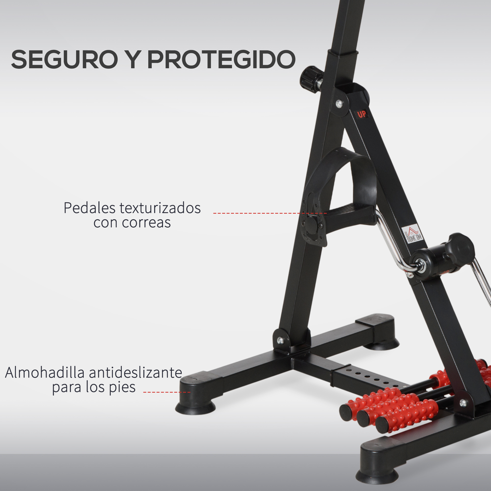 Detalle de equipo de fitness con pedales texturizados, correas y pies antideslizantes.