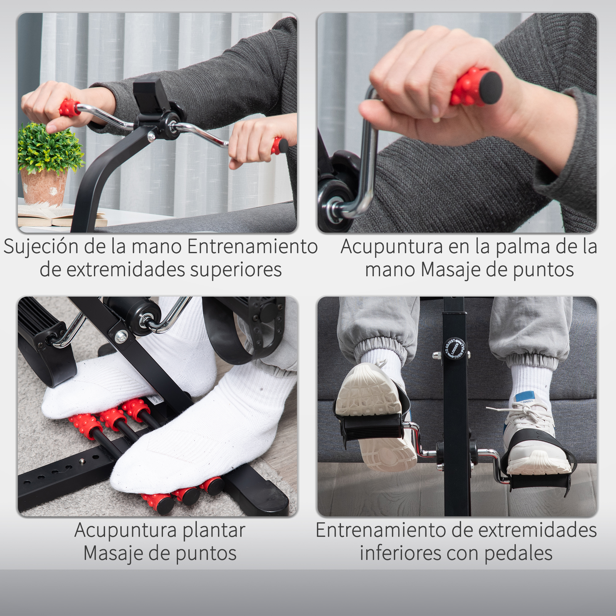 Imagen de cuatro paneles que muestra ejercicios de manos y pies con un entrenador doméstico y rodillos.