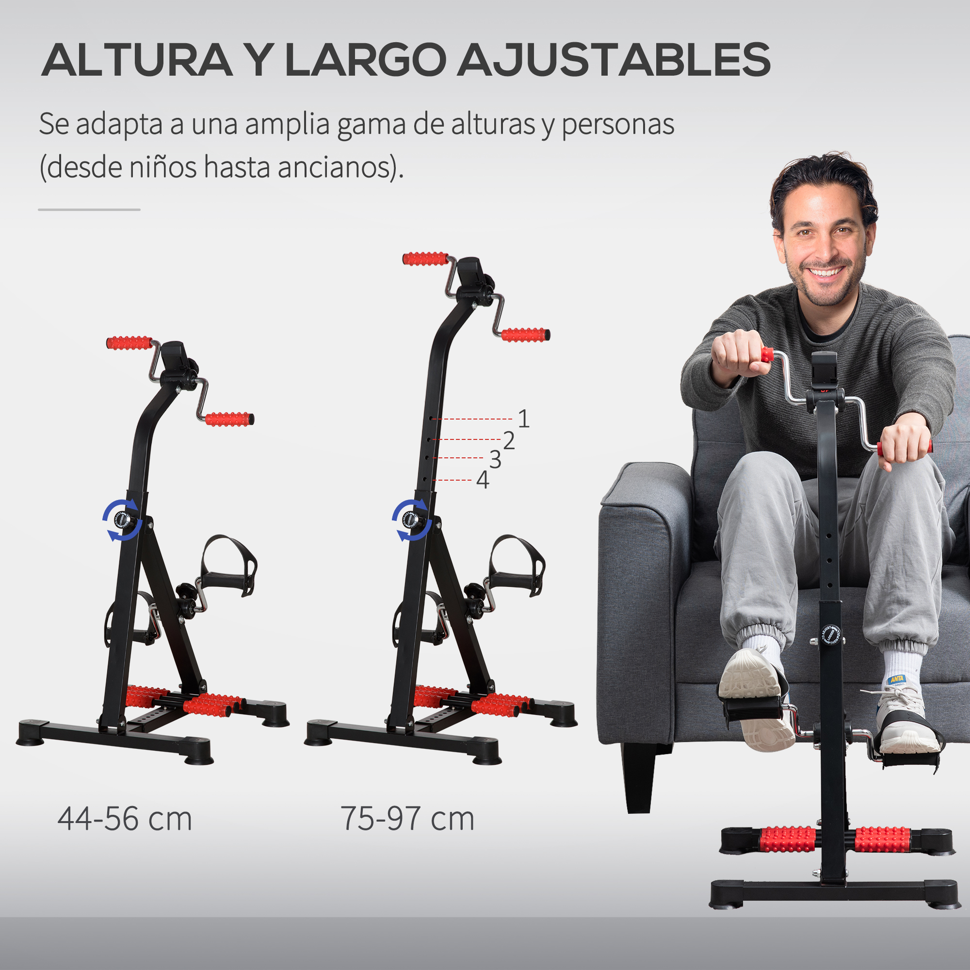 Un hombre sentado en un sofá gris usa una bicicleta estática ajustable con mangos rojos.