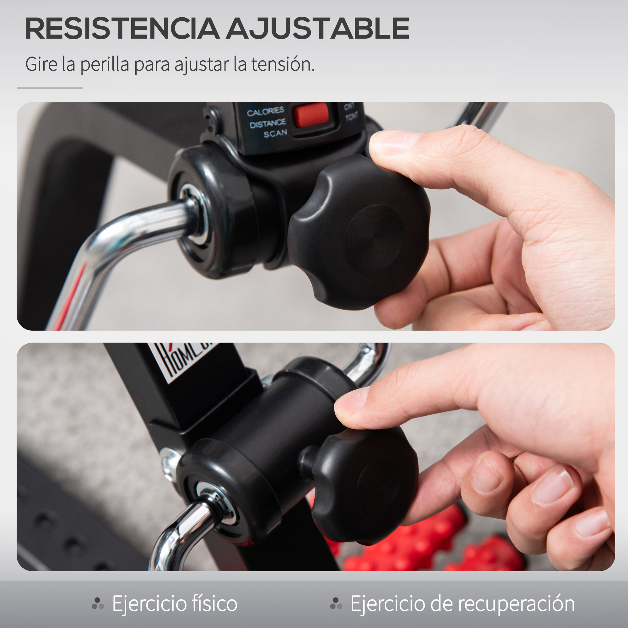 Manos giran perillas de ajuste en equipos de ejercicio para ajustar resistencia.