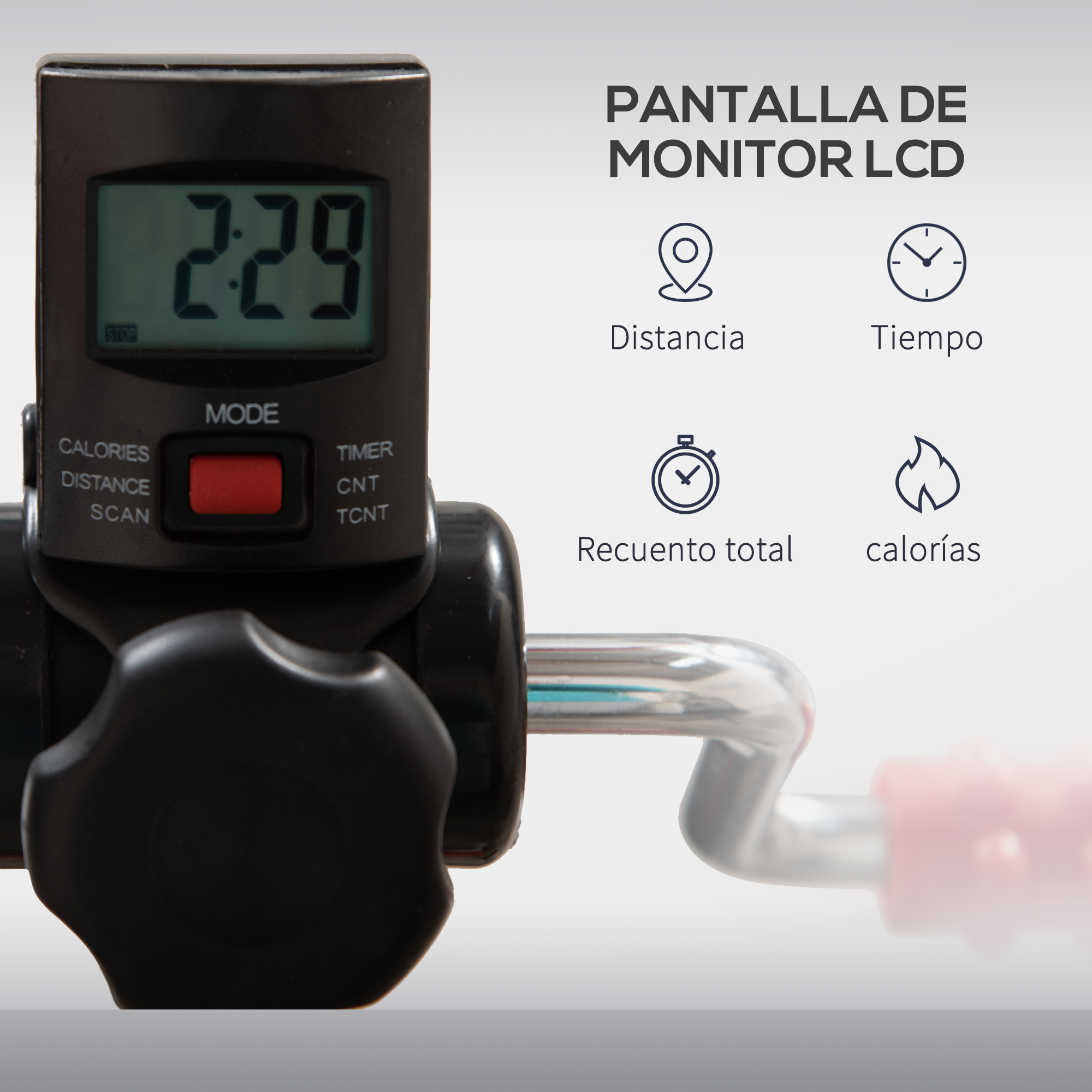 Monitor LCD de bicicleta estática con iconos de distancia, tiempo, recuento total y calorías.